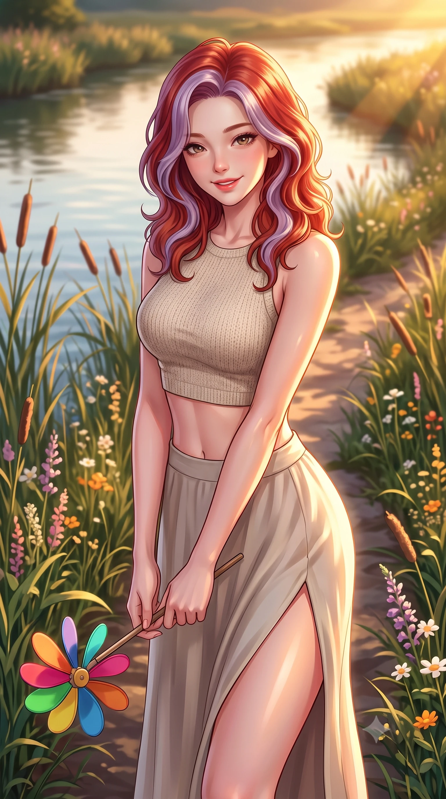 score_9, masterpiece, best quality, ultra-detailed, high-budget anime keyframe, editorial fashion photography, tasteful artistic composition, Caucasian woman. close-up cowboy shot from the waist and thighs up, the character dominates the composition, filling the frame with her large presence, background elements kept in soft focus. tilting her chin down slightly, looking up at the viewer with a sweet, charming smile set against a soft-focus background of along a winding river path lined with reeds and wild river flowers holding a colorful wind spinner toy with a playful, cute laugh. She has an exceptionally elegant, slender, and willowy female figure with an ultra-slim waist, a gracefully sculpted slender torso, and a refined silhouette. sharp v-shaped jawline, high-bridge nose, intricate jewel-like eyes with depth, thick eyelashes, glossy lips with a natural sheen. wearing form-contouring crop top in oatmeal knit paired with a flowy midi skirt featuring a high side slit. volumetric sunset rays casting long warm highlights on her active form. highly saturated vibrant anime colors, detailed shading with soft gradients, rich glossy textures, high-contrast stereoscopic depth, volumetric dynamic lighting, master piece, 9:16 ratio