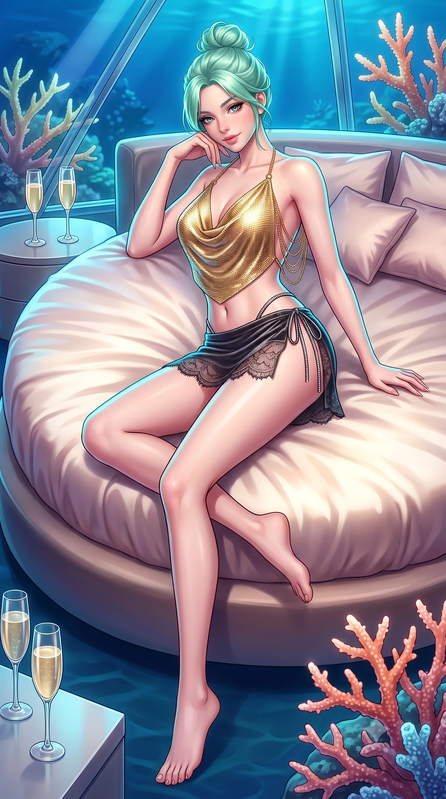 score_9, masterpiece, best quality, ultra-detailed, high-budget anime keyframe, semi-realistic 3D game render, editorial fashion photography, tasteful artistic composition, Japanese woman. low angle full-body shot from head to toe showing her feet, filling the entire 9:16 vertical frame with her statuesque presence, stretching her vertical silhouette. stepping slowly toward the camera with hypnotic grace, hips swaying in an alluring sensual rhythm that accentuates her curvy hourglass silhouette and long slender legs while reclining across the circular silk bed propped on one elbow, her statuesque 8.5-heads silhouette commanding the glowing subterranean coral kingdom. The surrounding environment is rendered in vivid detail and crisp panoramic clarity: sharp structural acrylic window seams, living staghorn coral branch details, and crystal champagne flute clarity in deep focus. She has an absolutely perfect, statuesque 8.5-heads proportion, an exceptionally tall and slender model-like female figure with impossibly long slender legs, an ultra-slim waist, a flat toned midriff, narrow delicate ribcage, and beautifully sculpted feminine hips creating a graceful, slim hourglass silhouette without any bulky heaviness. sharp v-shaped jawline, high-bridge nose, sparkling eyes with hypnotic seductive depth, thick curled eyelashes, glossy parted lips with a natural dewy peach sheen, alluring bedroom-eyes with an enchanting coquettish smile, exuding magnetic siren charisma and sophisticated glamour, flawlessly proportioned anatomical accuracy, strict slender model proportions, natural body alignment, perfectly sculpted long slender limbs, ultra-slim waistline, clean dynamic posture without body distortion. wearing a liquid gold chainmail cowl halter top paired with an ultra-low-rise velvet mini skirt and side rhinestone ties in smoky charcoal and metallic platinum, made of delicate semi-sheer French Chantilly lace with intricate eyelash edges, accented with an open-back drape framed by falling strands of delicate gold chains, the form-contouring silhouette accentuating her sculpted flat midriff, narrow delicate ribcage, and gracefully curvy hips with intoxicating allure. illuminated by dome acrylic reflection fill and sharp electric-cyan rim lights sculpting her jawline, flat midriff, and voluptuous hip curves. highly saturated vibrant anime colors, detailed shading with soft gradients, rich glossy textures, high-contrast stereoscopic depth, volumetric dynamic lighting, master piece, 9:16 ratio