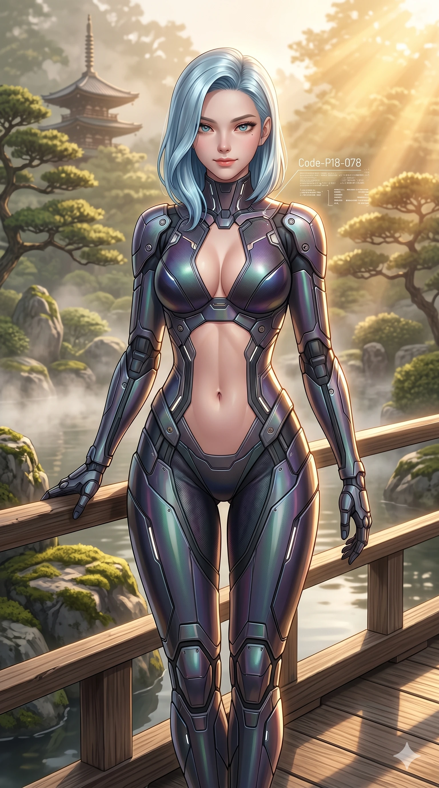 score_9, masterpiece, best quality, ultra-detailed, high-budget anime keyframe, editorial fashion photography, tasteful artistic composition, Korean woman. cowboy shot from the thighs up, character and outfit filling the frame for maximum editorial presence. posing with quiet self-assurance, looking directly into the lens with a confident grin on a wooden bridge in a traditional Japanese garden with mist rising softly (Code-P18-078). She has an absolutely perfect 8-heads proportion, an exceptionally tall and slender female figure with impossibly long slender legs and an ultra-slim waist. V-shaped jawline, high-bridge nose, intricate jewel-like eyes with depth, thick eyelashes, glossy lips with a natural sheen. wearing a cybernetic combat suit with a plunging neckline and exposed waist. bathed in warm golden afternoon sunbeams, casting a warm glowing aura on her. 2k, ultra detail, master piece, 9:16 ratio