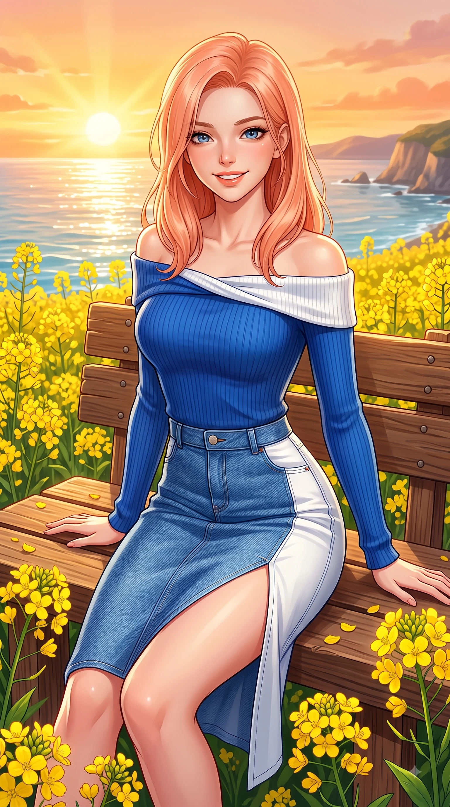 score_9, masterpiece, best quality, ultra-detailed, high-budget anime keyframe, editorial fashion photography, tasteful artistic composition, Japanese woman. close-up cowboy shot from the waist and thighs up, the character dominates the composition, filling the frame with her large presence. Gazing directly into the camera with a fresh, infectious smile as her torso curves dynamically in mid-stride while sitting playfully on a wooden bench framed by yellow canola flowers with a radiant smile. The surrounding environment is rendered in vivid detail and crisp panoramic clarity. glistening ocean water refractions and coastal scenery rendered with sharp environmental detail. She has an exceptionally elegant, slender, and willowy female figure with an ultra-slim waist, a gracefully sculpted slender torso, and a refined silhouette. sharp v-shaped jawline, high-bridge nose, intricate jewel-like eyes with depth, thick eyelashes, glossy lips with a natural sheen, flawlessly proportioned anatomical accuracy, natural body alignment, perfectly sculpted elegant limbs, clean dynamic posture without body distortion. wearing a sleek off-shoulder ribbed sweater paired with a high-waisted fitted denim pencil skirt in vibrant cobalt blue and crisp snow white, crafted from lightweight fluid chiffon, featuring a sleek side leg slit ascending to mid-thigh, the elegant draped fit framing her graceful clavicle and slender torso. illuminated by a glorious golden hour sunburst painting the sky in joyful amber and peach. highly saturated vibrant anime colors, detailed shading with soft gradients, rich glossy textures, high-contrast stereoscopic depth, volumetric dynamic lighting, master piece, 9:16 ratio