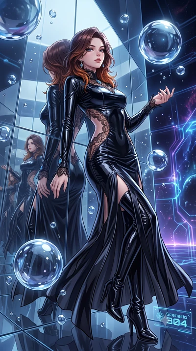 score_9, masterpiece, best quality, ultra-detailed, High-budget Anime Keyframe, East Asian woman. Low angle cowboy shot filling the entire 9:16 frame with her statuesque presence. Scenario 304: leaning back against a wall of virtual mirrors in a zero
