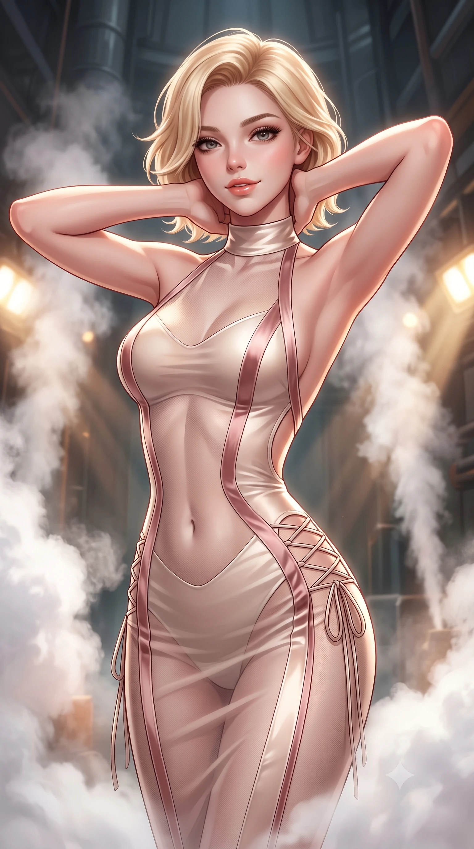 score_9, masterpiece, best quality, ultra-detailed, high-budget anime keyframe, semi-realistic 3D game render, editorial fashion photography, tasteful artistic composition, Caucasian woman. close-up cowboy shot from the waist and thighs up, the character dominates the composition, filling the frame with her large presence. resting both hands lightly behind her neck with elbows raised, arching her spine to highlight her narrow waist, flat midriff, and breathtaking collarbones while twisting her slender torso in an alluring S-curve, high-pressure steam plumes framing her form-fitting tactical suit and curvy hips. The background shows a soft-focus deep silo shaft depths softened in industrial sci-fi shallow focus. She has an exceptionally elegant, slender, and willowy female figure with an ultra-slim waist, flat toned midriff, narrow ribcage, and sculpted feminine hips creating an alluring, slim hourglass silhouette without bulk. sharp v-shaped jawline, high-bridge nose, sparkling eyes with hypnotic seductive depth, thick curled eyelashes, glossy parted lips with a natural dewy peach sheen, alluring bedroom-eyes with an enchanting coquettish smile, exuding magnetic siren charisma and sophisticated glamour, flawlessly proportioned anatomical accuracy, strict slender model proportions, natural body alignment, perfectly sculpted long slender limbs, ultra-slim waistline, clean dynamic posture without body distortion. wearing a provocative high-neck sheer illusion ballet dress with liquid satin ribbons contouring her curves in powder champagne cream and dusty rose velvet, made of semi-opaque stretch illusion mesh with soft shadowy contours, finished with fine criss-cross lace-up side ties revealing tantalizing glimpses of her hip curve, the precision-cut side openings and low-back scoop framing her graceful spine and the sensual sweep of her slim, toned hips. bathed in warm halogen work-lights cutting through dramatic shafts of white pressurized steam. highly saturated vibrant anime colors, detailed shading with soft gradients, rich glossy textures, high-contrast stereoscopic depth, volumetric dynamic lighting, master piece, 9:16 ratio