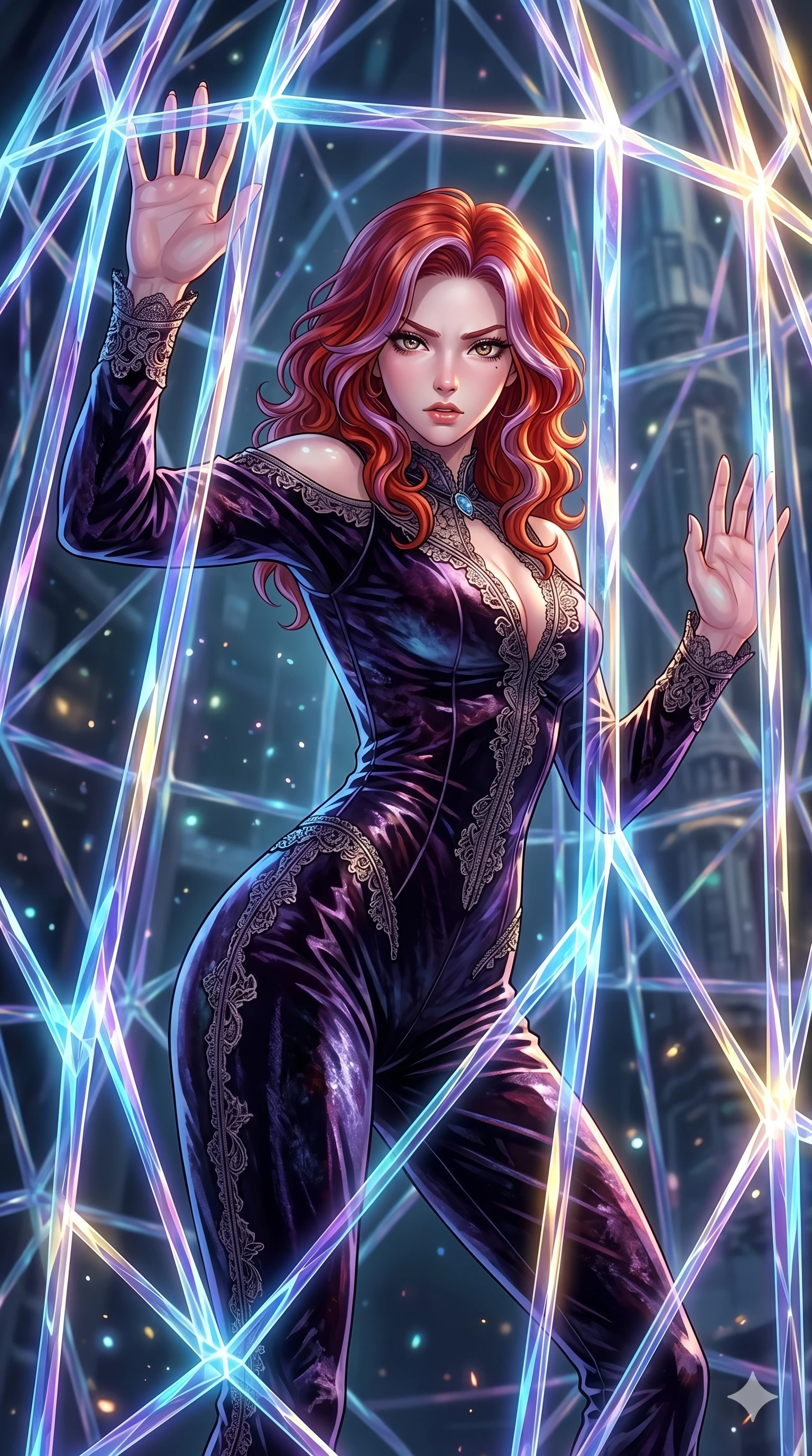 score_9, masterpiece, best quality, ultra-detailed, High-budget Anime Keyframe, East Asian woman. Dynamic full-body shot stretching the vertical silhouette to the limit. Scenario 252: Trapped in a cage of glowing crystalline fibers, body pressing against the bars. Her presence is magnetic and overpowering in this high-budget anime scene. Outfit 252: A crushed dark velvet second with a low-cut shoulder and delicate lace embroidery. The clothing is designed to emphasize her exceptionally tall and slender 8-heads proportion. 8-heads proportion, towering silhouette, ultra-slim waist. sharp v-shaped jawline, intricate jewel-like eyes with depth, thick eyelashes, glossy lips. 2k, ultra detail, master piece, 9:16 ratio