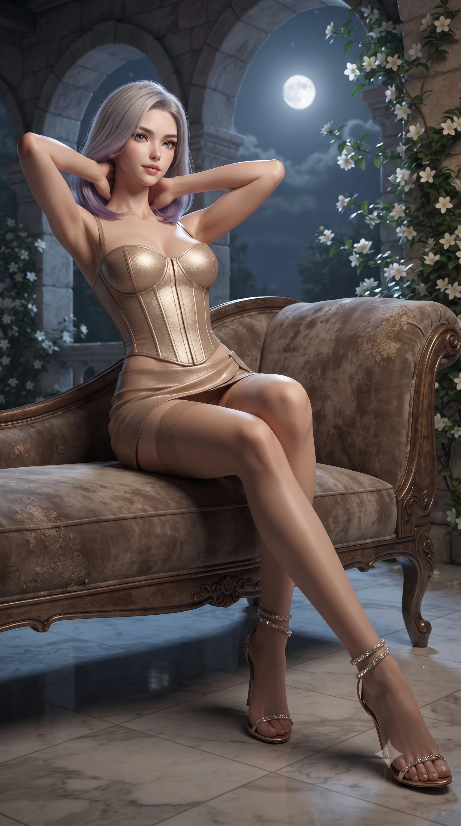 score_9, masterpiece, best quality, ultra-detailed, high-budget anime keyframe, editorial fashion photography, tasteful artistic composition, Caucasian woman. close-up cowboy shot from the waist and thighs up, the character dominates the composition, filling the frame with her large presence. resting both hands lightly behind her neck with elbows raised, arching her spine to highlight her narrow waist, flat midriff, and breathtaking collarbones while lounging in the vintage velvet chaise inside the open loggia, her long slender legs and flat midriff radiating effortless aristocratic sensuality. The background shows a soft-focus trailing white jasmine flowers climbing the stone arches softened in romantic nocturnal Italian shallow focus. She has an exceptionally elegant, slender, and willowy female figure with an ultra-slim waist, flat toned midriff, narrow ribcage, and sculpted feminine hips creating an alluring, slim hourglass silhouette without bulk. sharp v-shaped jawline, high-bridge nose, sparkling eyes with hypnotic seductive depth, thick curled eyelashes, glossy parted lips with a natural dewy peach sheen, alluring bedroom-eyes with an enchanting coquettish smile, exuding magnetic siren charisma and sophisticated glamour, flawlessly proportioned anatomical accuracy, strict slender model proportions, natural body alignment, perfectly sculpted long slender limbs, ultra-slim waistline, clean dynamic posture without body distortion. wearing a structured boned leatherette corset bodice paired with an ultra-short micro-wrap mini skirt and sheer thigh-high stockings in desert gold and shimmering sand dune champagne, woven from buttery-soft stretch lambskin leather adhering to her body like a second skin, complemented by strappy stiletto sandals with crystal ankle wraps accentuating her slender calves, the liquid-tight tailored fabric clinging flawlessly to her narrow waist and rounded feminine hips, emphasizing every millimeter of her sculpted slim hourglass curves without any bulky heaviness. illuminated by polished marble floor reflections and sharp platinum-gold rim lights defining her razor-sharp jawline, narrow waist, and curvy hips. ultra-reflective glossy finish, specular highlights, rich textural contrasts, high-contrast stereoscopic depth, volumetric dynamic lighting, 2k, ultra detail, master piece, 9:16 ratio