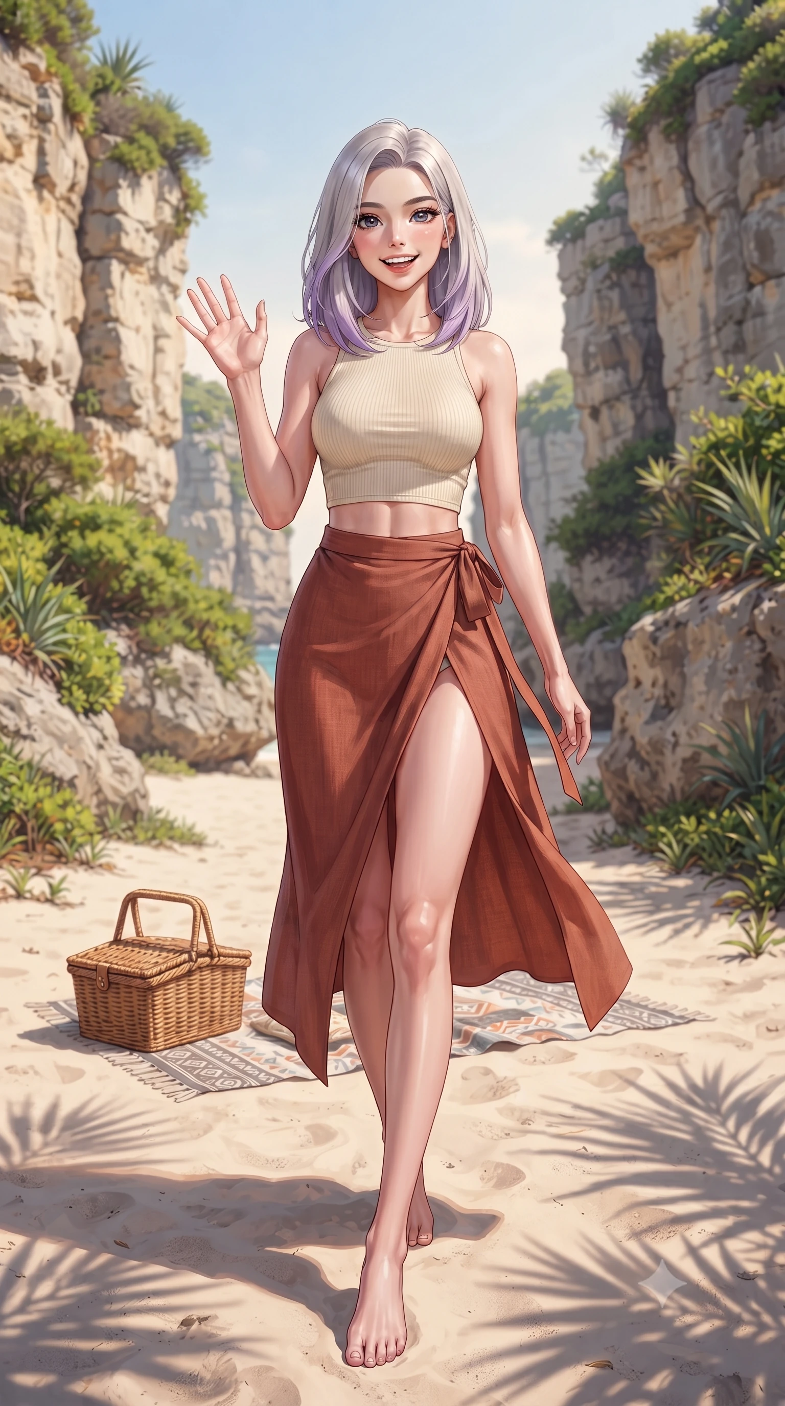 score_9, masterpiece, best quality, ultra-detailed, high-budget anime keyframe, editorial fashion photography, tasteful artistic composition, Caucasian woman. low angle full-body shot from head to toe showing her feet, filling the entire 9:16 vertical frame with her statuesque presence, stretching her vertical silhouette. stepping forward with a bright, cheerful smile, waving happily at the viewer set against a soft-focus background of in a quiet sandy beach cove surrounded by tall cliffs and green shrubs with a basket of beach snacks and a picnic blanket on the sand. She has an absolutely perfect, statuesque 8.5-heads proportion, an exceptionally tall and slender model-like female figure with impossibly long slender legs and an ultra-slim waist. sharp v-shaped jawline, high-bridge nose, intricate jewel-like eyes with depth, thick eyelashes, glossy lips with a natural sheen. wearing body-hugging stylish crop top paired with a high-slit linen wrap skirt. soft late afternoon sunbeams casting long shadows of palm leaves on the sand. highly saturated vibrant anime colors, detailed shading with soft gradients, rich glossy textures, high-contrast stereoscopic depth, volumetric dynamic lighting, master piece, 9:16 ratio