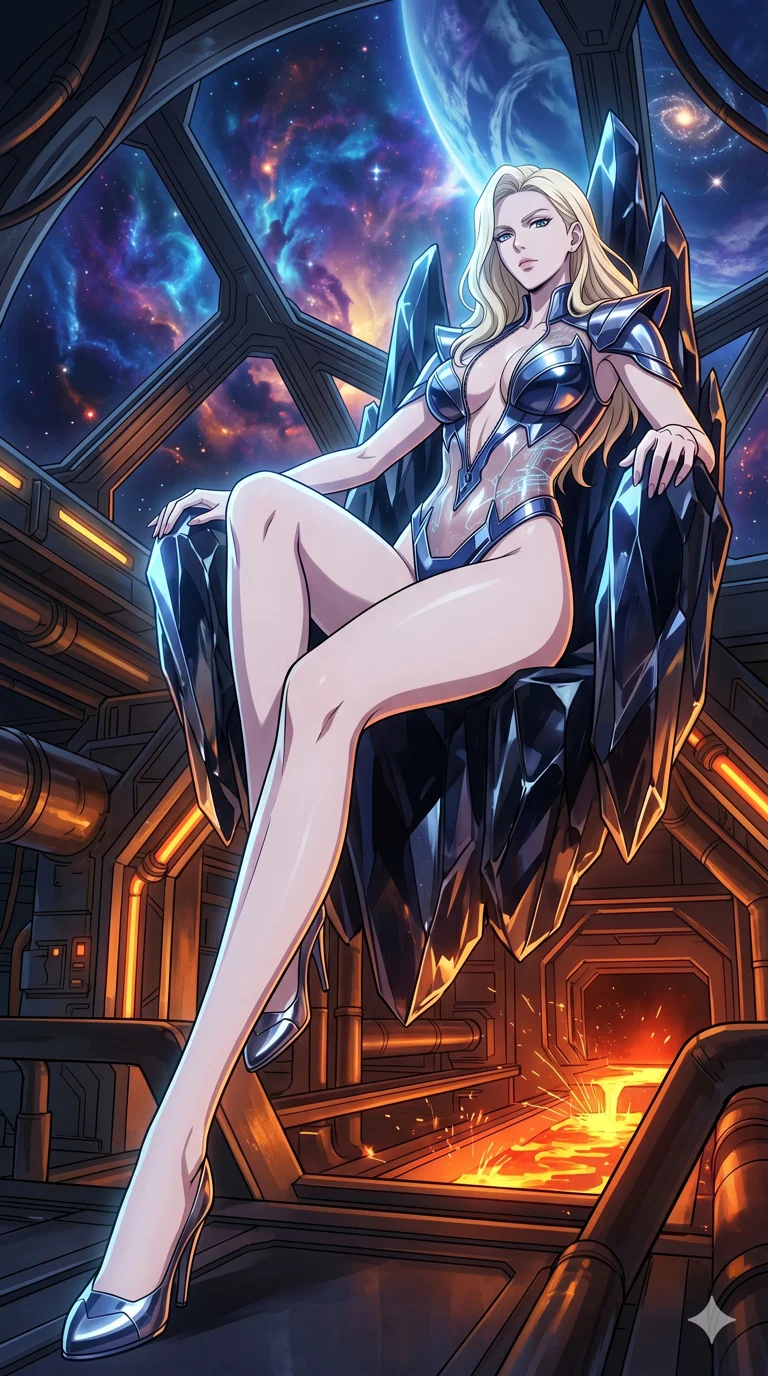 score_9, masterpiece, best quality, ultra-detailed, High-budget Anime Keyframe, vibrant colors, fluid line-art, expressive lighting, cinematic composition, Ufotable-style visual effects, top-tier animation quality, Caucasian woman with pale skin, blonde hair, and (strictly human ears). Cinematic low angle perspective showcasing her towering height and perfect 8-heads proportion. Reclining on a throne of crystalline obsidian within a cosmic palace that overlooks a swirling nebula and distant star systems. She has an absolutely perfect 8-heads proportion, an exceptionally tall and slender female figure with impossibly long slender legs and an ultra-slim waist, her statuesque height and towering silhouette dominating the vertical 9:16 frame. Her face is a masterpiece featuring a sharp v-shaped jawline, high-bridge nose, intricate jewel-like eyes with depth, thick eyelashes, and glossy lips with a natural sheen. She is wearing a Metallic armor-bikini with sharp, aggressive edges and integrated energy-shield generators crafted from Transparent PVC with a high-gloss finish that reveals the intricate layers beneath, unzipped deeply to reveal a daring glimpse of her chest and a high-cut leg line. The scene is set in a gritty industrial factory with glowing molten metal, flying sparks, and deep shadows, illuminated by cinematic lighting with dramatic rim light that highlights her slender silhouette. 2k, ultra detail, master piece, 9:16 ratio