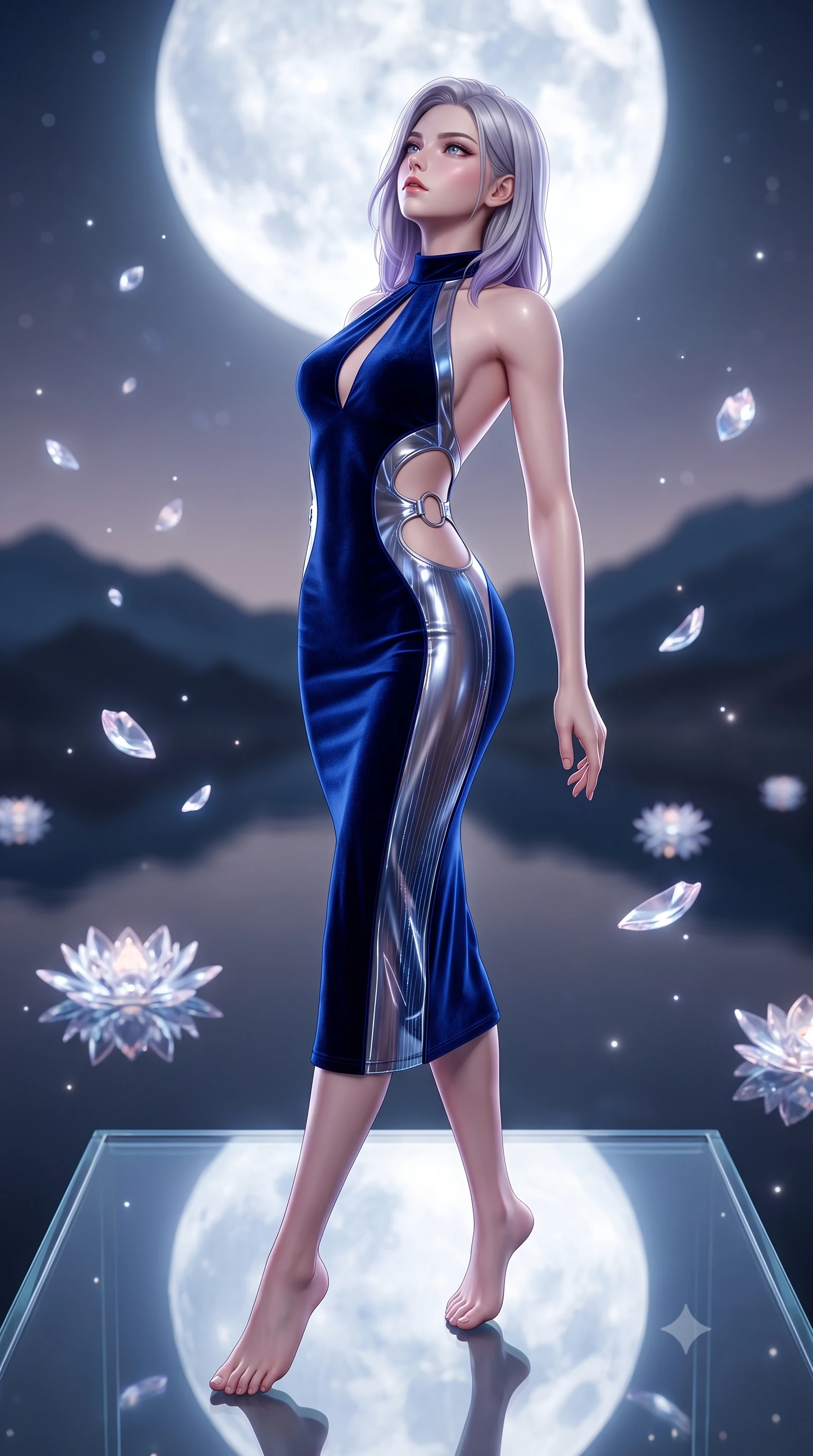 score_9, masterpiece, best quality, ultra-detailed, high-budget anime keyframe, semi-realistic 3D game render, editorial fashion photography, tasteful artistic composition, Caucasian woman. low angle full-body shot from head to toe showing her feet, filling the entire 9:16 vertical frame with her statuesque presence, stretching her vertical silhouette. arching her back in a fluid zero-gravity turn with sovereign grace, her long slender legs and sculpted torso creating a sweeping line while stretching forward with an alluring S-curve silhouette on a glass platform beneath a giant glowing moon. The composition keeps background elements in soft focus with creamy bokeh. floating crystal lotus petals and distant mountain silhouettes softened in smooth atmospheric depth. She has an absolutely perfect, statuesque 8.5-heads proportion, an exceptionally tall and slender model-like female figure with impossibly long slender legs, a toned flat midriff, and an ultra-slim waist. sharp v-shaped jawline, high-bridge nose, intricate jewel-like eyes with depth, thick eyelashes, glossy lips with a natural sheen, flawlessly proportioned anatomical accuracy, strict slender model proportions, natural body alignment, perfectly sculpted long slender limbs, ultra-slim waistline, clean dynamic posture without body distortion. wearing a velvet halter-neck midi dress fitting her statuesque contour flawlessly with a Tasteful chest slit and open spine in deep royal navy blue and specular chrome, tailored from semi-translucent cybernetic vinyl with glowing micro-filaments, detailed with polished silver rings connecting the daring side-waist cutouts, the sleek second-skin cut tightly hugging her graceful clavicle, narrow waist, and feminine curves with athletic precision. illuminated by soft glowing starlight fill and crisp specular highlights tracing her slender curves. highly saturated vibrant anime colors, detailed shading with soft gradients, rich glossy textures, high-contrast stereoscopic depth, volumetric dynamic lighting, master piece, 9:16 ratio