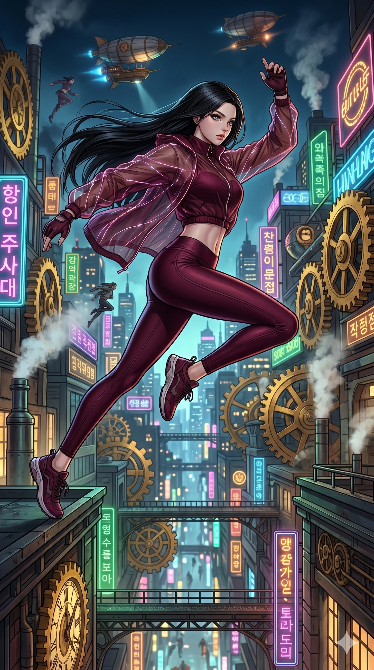 score_9, masterpiece, best quality, ultra-detailed, High-budget Anime Keyframe, beautiful Korean anime girl. Low angle cowboy shot filling the entire 9:16 frame with her statuesque presence. Leaping across the rooftops of a steampunk city at night with vibrant neon lights. She has an absolutely perfect 8-heads proportion, an exceptionally tall and slender female figure with impossibly long slender legs and an ultra-slim waist. Sharp v-shaped jawline, high-bridge nose, intricate jewel-like eyes with depth, thick eyelashes, glossy lips with a natural sheen. Wearing a Premium Athleisure outfit: sleek burgundy activewear with a sheer windbreaker and exposed midriff. Background is a bright and colorful city with golden gears, steam, and vibrant neon signs. 2k, ultra detail, master piece, 9:16 ratio