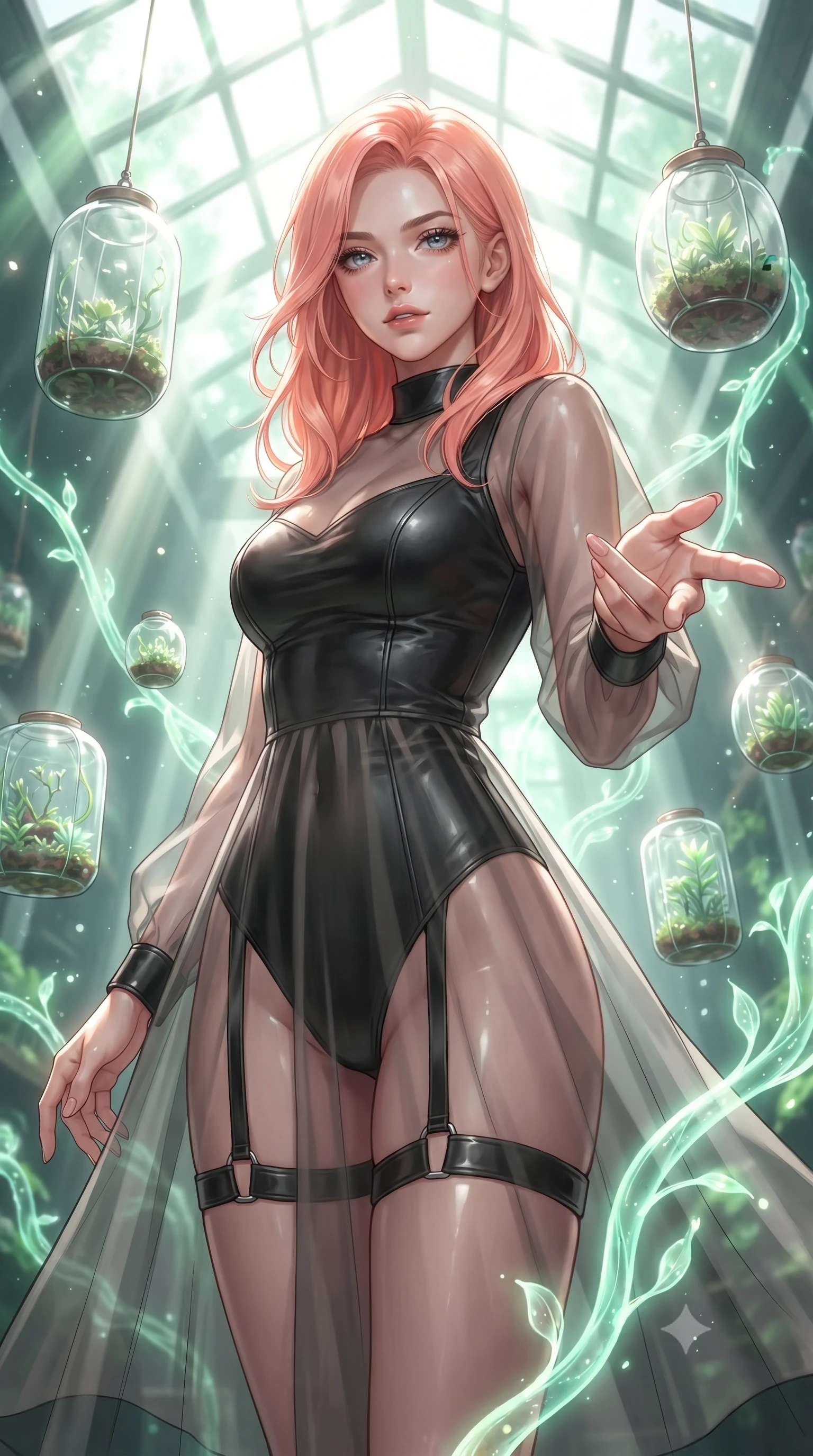 score_9, masterpiece, best quality, ultra-detailed, high-budget anime keyframe, editorial fashion photography, tasteful artistic composition, Japanese woman. close-up cowboy shot from the waist and thighs up, the character dominates the composition, filling the frame with her large presence, background elements kept in soft focus. Reaching one hand gracefully toward the viewer with effortless superiority and allure surrounded by floating glass terrariums and radiant biomorphic vines, intense volumetric sunbeams filtering through the glass ceiling. She has an exceptionally elegant, slender, and willowy female figure with an ultra-slim waist, a gracefully sculpted slender torso, and a refined silhouette. sharp v-shaped jawline, high-bridge nose, intricate jewel-like eyes with depth, thick eyelashes, glossy lips with a natural sheen. wearing a semi-opaque sheer overlay dress over a sleek leather micro-bodysuit with garter details, the glove-like fit emphasizing her statuesque silhouette. surrounded by a bright, airy ambiance with radiant white and green highlights. ultra-reflective glossy finish, specular highlights, metallic sheen, high-contrast stereoscopic depth, volumetric dynamic lighting, 2k, ultra detail, master piece, 9:16 ratio