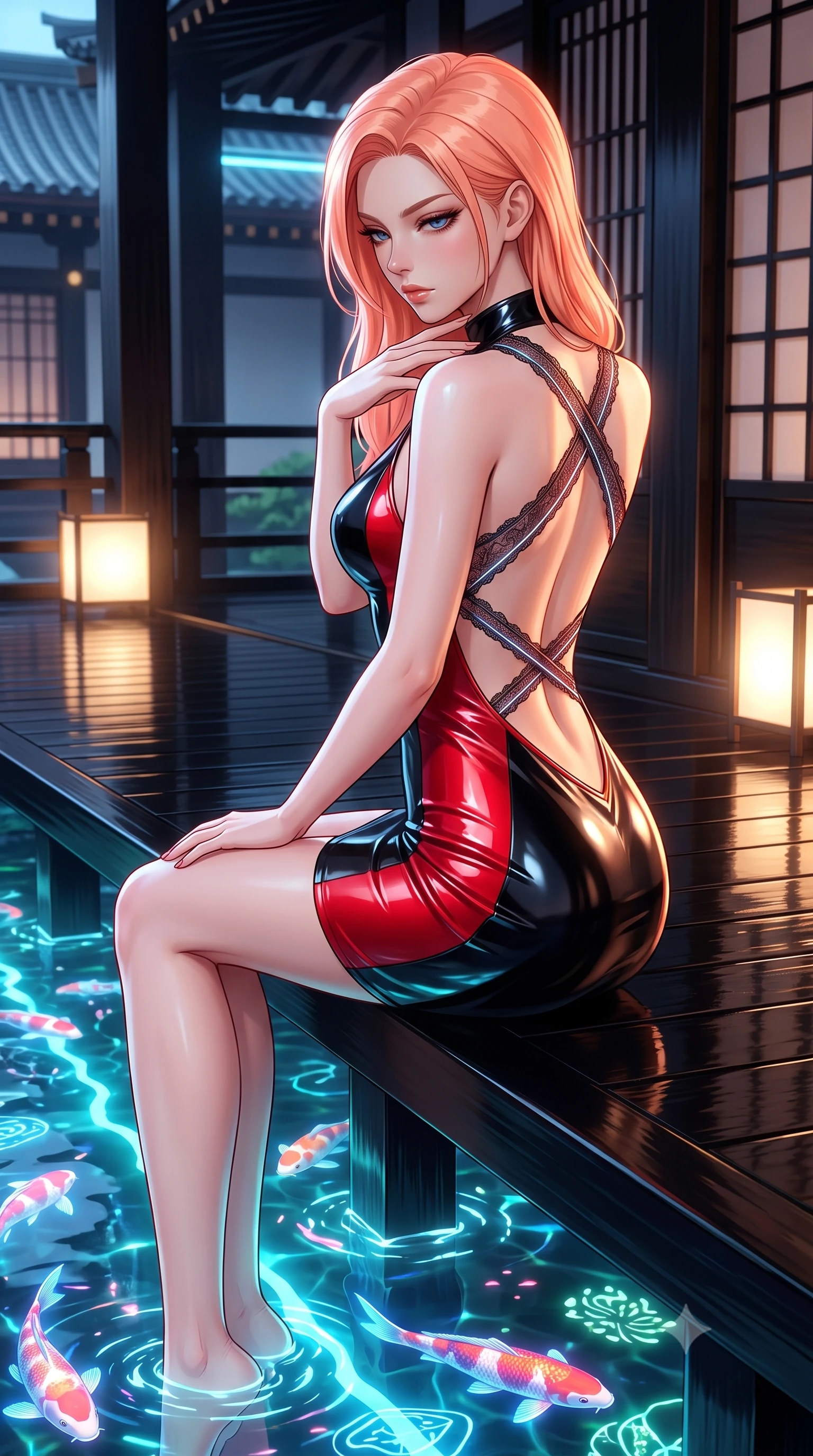 score_9, masterpiece, best quality, ultra-detailed, high-budget anime keyframe, semi-realistic 3D game render, editorial fashion photography, tasteful artistic composition, Japanese woman. close-up cowboy shot from the waist and thighs up, the character dominates the composition, filling the frame with her large presence. resting her fingers lightly against her throat while looking down with a smoldering, haughty yet intensely captivating glance while sitting on a polished black lacquer veranda overlooking a glowing holographic koi pond. The surrounding environment is rendered in vivid detail and crisp panoramic clarity. fusion of traditional oriental architecture and sleek cyberpunk elements in high resolution. She has an exceptionally elegant, slender, and willowy female figure with an ultra-slim waist, a gracefully sculpted slender torso, and a refined silhouette. sharp v-shaped jawline, high-bridge nose, intricate jewel-like eyes with depth, thick eyelashes, glossy lips with a natural sheen, flawlessly proportioned anatomical accuracy, natural body alignment, perfectly sculpted elegant limbs, clean dynamic posture without body distortion. wearing a second-skin fashion-latex mini dress with a clean architectural front, featuring an open-back design that wraps around the sides of her waist, showcasing her slender silhouette in glossy obsidian black and radiant crimson red, crafted from delicate dark lace interwoven with luminescent micro-fibers, complemented by criss-cross back straps highlighting her completely bare spine, the sleek aerodynamic cut emphasizing her magnetic presence and alluring physical grace. illuminated by soft glowing floor uplights and sharp specular highlights on wet lacquer. highly saturated vibrant anime colors, detailed shading with soft gradients, rich glossy textures, high-contrast stereoscopic depth, volumetric dynamic lighting, master piece, 9:16 ratio