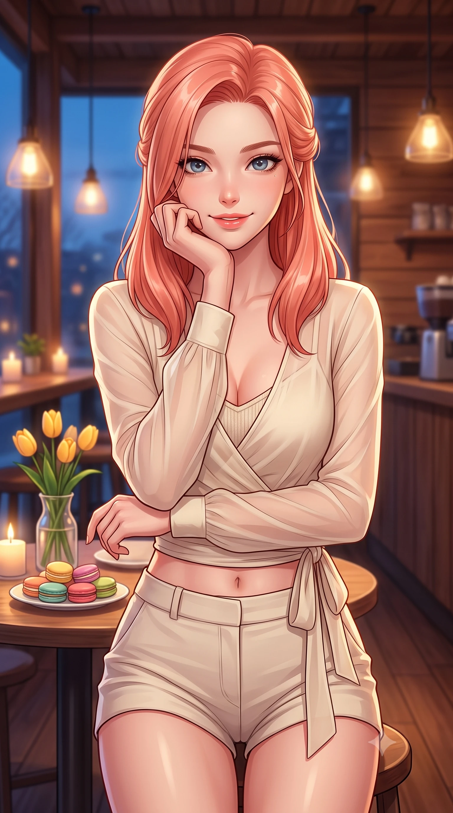 score_9, masterpiece, best quality, ultra-detailed, high-budget anime keyframe, editorial fashion photography, tasteful artistic composition, Japanese woman. close-up cowboy shot from the waist and thighs up, the character dominates the composition, filling the frame with her large presence, background elements kept in soft focus. smiling cutely while resting her chin on her hand, looking directly into the lens set against a soft-focus background of in a cozy wooden-themed coffee shop decorated with antique bookshelf walls with a small vase of yellow tulips and a plate of colorful macarons on the table. She has an exceptionally elegant, slender, and willowy female figure with an ultra-slim waist, a gracefully sculpted slender torso, and a refined silhouette. sharp v-shaped jawline, high-bridge nose, intricate jewel-like eyes with depth, thick eyelashes, glossy lips with a natural sheen. wearing tailored sheer chiffon wrap top in cream, worn over a slim-fit knit bralette and low-cut shorts. soft candle glow and warm pendant lights clashing with the cool blue dusk sky. highly saturated vibrant anime colors, detailed shading with soft gradients, rich glossy textures, high-contrast stereoscopic depth, volumetric dynamic lighting, master piece, 9:16 ratio