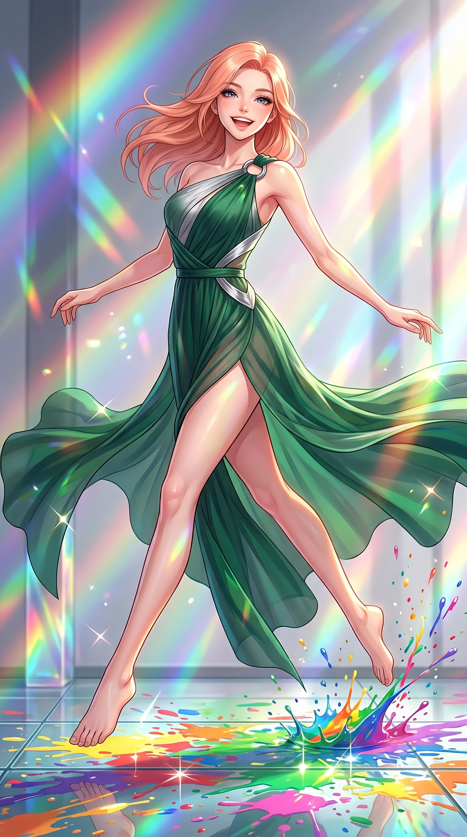 score_9, masterpiece, best quality, ultra-detailed, high-budget anime keyframe, editorial fashion photography, tasteful artistic composition, Japanese woman. low angle full-body shot from head to toe showing her feet, filling the entire 9:16 vertical frame with her statuesque presence, stretching her vertical silhouette. leaping with pure joy through mid-air with a radiant bright smile, her impossibly long slender legs stretched in perfect balance while pivoting gracefully on a reflective glass floor drenched in vibrant multi-color paint splashes, paint droplets catching sharp specular highlights as she turns with a beaming smile. She has an absolutely perfect, statuesque 8.5-heads proportion, an exceptionally tall and slender model-like female figure with impossibly long slender legs and an ultra-slim waist. sharp v-shaped jawline, high-bridge nose, intricate jewel-like eyes with depth, thick eyelashes, glossy lips with a natural sheen, flawlessly proportioned anatomical accuracy, natural body alignment, perfectly sculpted elegant limbs, clean dynamic posture without body distortion. wearing an asymmetrical Grecian draped chiffon gown with a metallic shoulder ring in deep emerald green and silver accent, woven from fine semi-opaque sheer organza, finished with a sleek side slit ascending to mid-thigh, the glove-like fit emphasizing her statuesque silhouette during motion. illuminated by brilliant multi-color rainbow light refracting through glass prisms. highly saturated vibrant anime colors, detailed shading with soft gradients, rich glossy textures, high-contrast stereoscopic depth, volumetric dynamic lighting, master piece, 9:16 ratio