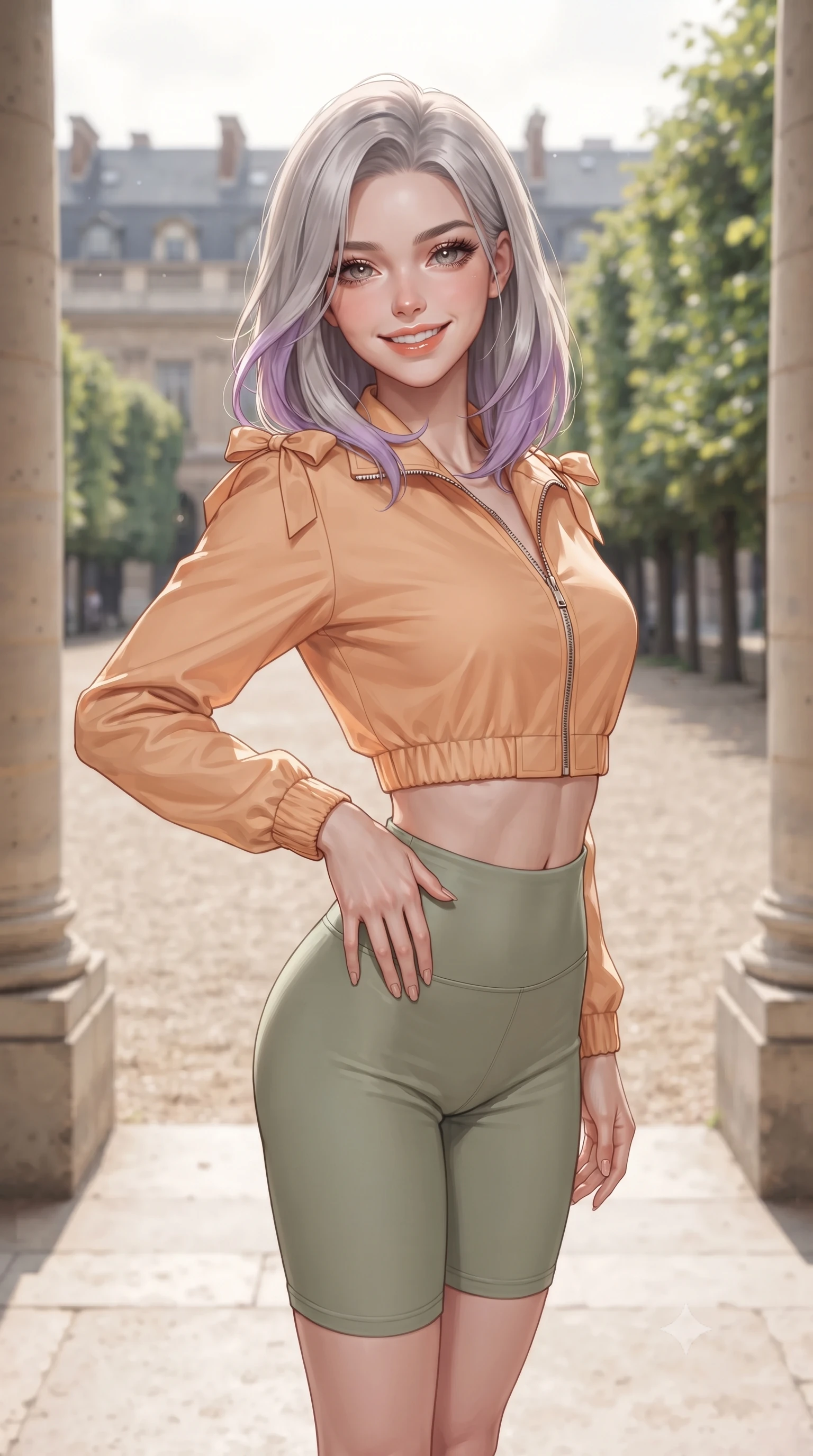 score_9, masterpiece, best quality, ultra-detailed, high-budget anime keyframe, editorial fashion photography, tasteful artistic composition, Caucasian woman. close-up cowboy shot from the waist and thighs up, the character dominates the composition, filling the frame with her large presence. tilting her head with a cute beaming smile while arching her spine with effortless dancer poise, one hand sliding along her hip line in a flirtatious S-curve while standing poised between the geometric columns on the gravel courtyard, twisting her slender torso in an alluring contrapposto stance. The composition keeps background elements in soft focus with dreamy creamy bokeh. monumental 17th-century palace facades and manicured linden tree arcades blurred into café-au-lait, ivory, and soft green bokeh. She has an exceptionally elegant, slender, and willowy female figure with an ultra-slim waist, flat toned midriff, narrow ribcage, and sculpted feminine hips creating an alluring, slim hourglass silhouette without bulk. sharp v-shaped jawline, high-bridge nose, intricate jewel-like sparkling eyes with depth, thick eyelashes, glossy parted lips with a natural peach sheen, bright cheerful beaming smile with an enchanting and coquettish sensual glint, exuding both youthful cute charm and seductive allure, flawlessly proportioned anatomical accuracy, strict slender model proportions, natural body alignment, perfectly sculpted long slender limbs, ultra-slim waistline, clean dynamic posture without body distortion. wearing a sporty chic zip-up crop jacket paired with high-waisted biker shorts clinging to her athletic hips in soft apricot and sage green, tailored from crisp cotton poplin with clean structural lines, finished with cute satin bow ribbons tying at the shoulders, the glove-like silhouette tightly following the natural contour of her hips and long slender legs with youthful 8.5-heads elegance. bathed in soft, elegant afternoon Parisian sunlight filtering through manicured tree alleys. ultra-reflective glossy finish, specular highlights, rich textural contrasts, high-contrast stereoscopic depth, volumetric dynamic lighting, 2k, ultra detail, master piece, 9:16 ratio