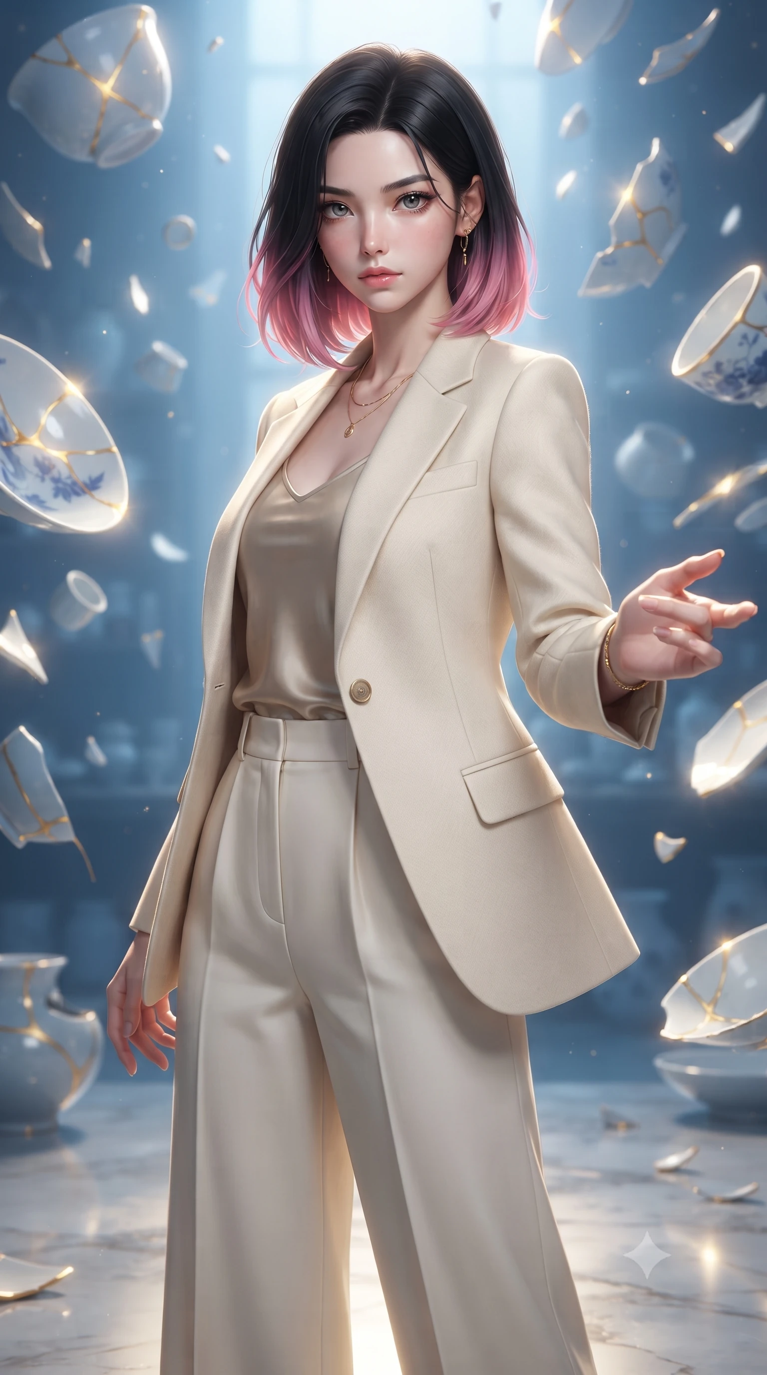 score_9, masterpiece, best quality, ultra-detailed, high-budget anime keyframe, editorial fashion photography, tasteful artistic composition, Korean woman woman. close-up cowboy shot from the waist and thighs up, the character dominates the composition, filling the frame with her large presence, background elements kept in soft focus. She has an exceptionally elegant, slender, and willowy female figure with an ultra-slim waist, a gracefully sculpted slender torso, and a refined silhouette. reaching one hand toward the viewer with relaxed elegance, her gaze holding quiet authority, flawlessly proportioned anatomical accuracy, natural body alignment, perfectly sculpted elegant limbs, clean dynamic posture without body distortion. set against a soft-focus background of a floating blue porcelain workshop with levitating kintsugi shards. wearing a tailored cream wool blazer over an oatmeal silk camisole and wide-leg trousers. bathed in gold ethereal light radiating from gold cracks in floating ceramics with intense inner glow. ultra-reflective glossy finish, specular highlights, metallic sheen, high-contrast stereoscopic depth, volumetric dynamic lighting, 2k, ultra detail, master piece, 9:16 ratio