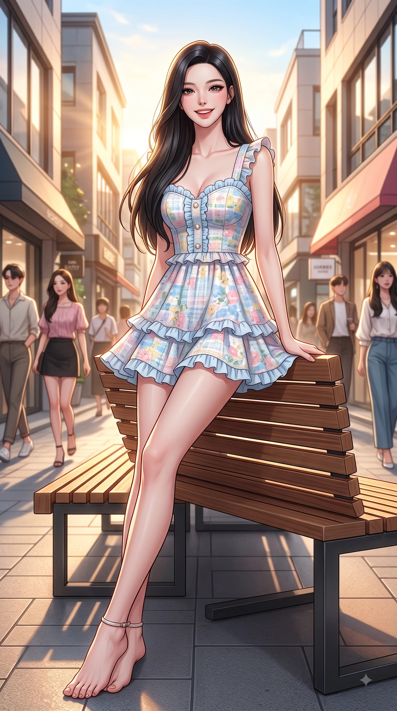 score_9, masterpiece, best quality, ultra-detailed, high-budget anime keyframe, editorial fashion photography, tasteful artistic composition, Korean woman. low angle full-body shot from head to toe showing her feet, filling the entire 9:16 vertical frame with her statuesque presence, stretching her vertical silhouette. pivoting dynamically with a fresh infectious smile, her ultra-slim waist creating a sweeping fluid curve while resting on a sleek modern outdoor bench outside a trendy dessert cafe with a joyful expression. The surrounding environment is rendered in vivid detail and crisp panoramic clarity. crisp sunlight highlights filtering between stylish Seongsu boutiques and modern cafes. She has an absolutely perfect, statuesque 8.5-heads proportion, an exceptionally tall and slender model-like female figure with impossibly long slender legs and an ultra-slim waist. sharp v-shaped jawline, high-bridge nose, intricate jewel-like eyes with depth, thick eyelashes, glossy lips with a natural sheen, flawlessly proportioned anatomical accuracy, natural body alignment, perfectly sculpted elegant limbs, clean dynamic posture without body distortion. wearing a bright floral print ruffle sundress with a gentle sweetheart neckline in baby blue and cloud white, tailored from soft pastel tweed with subtle metallic thread, finished with subtle ruffle trims and delicate pearl buttons, the relaxed yet flattering fit accentuating her naturally graceful and slender figure. bathed in bright golden hour sunshine and warm urban ambient illumination. highly saturated vibrant anime colors, detailed shading with soft gradients, rich glossy textures, high-contrast stereoscopic depth, volumetric dynamic lighting, master piece, 9:16 ratio
