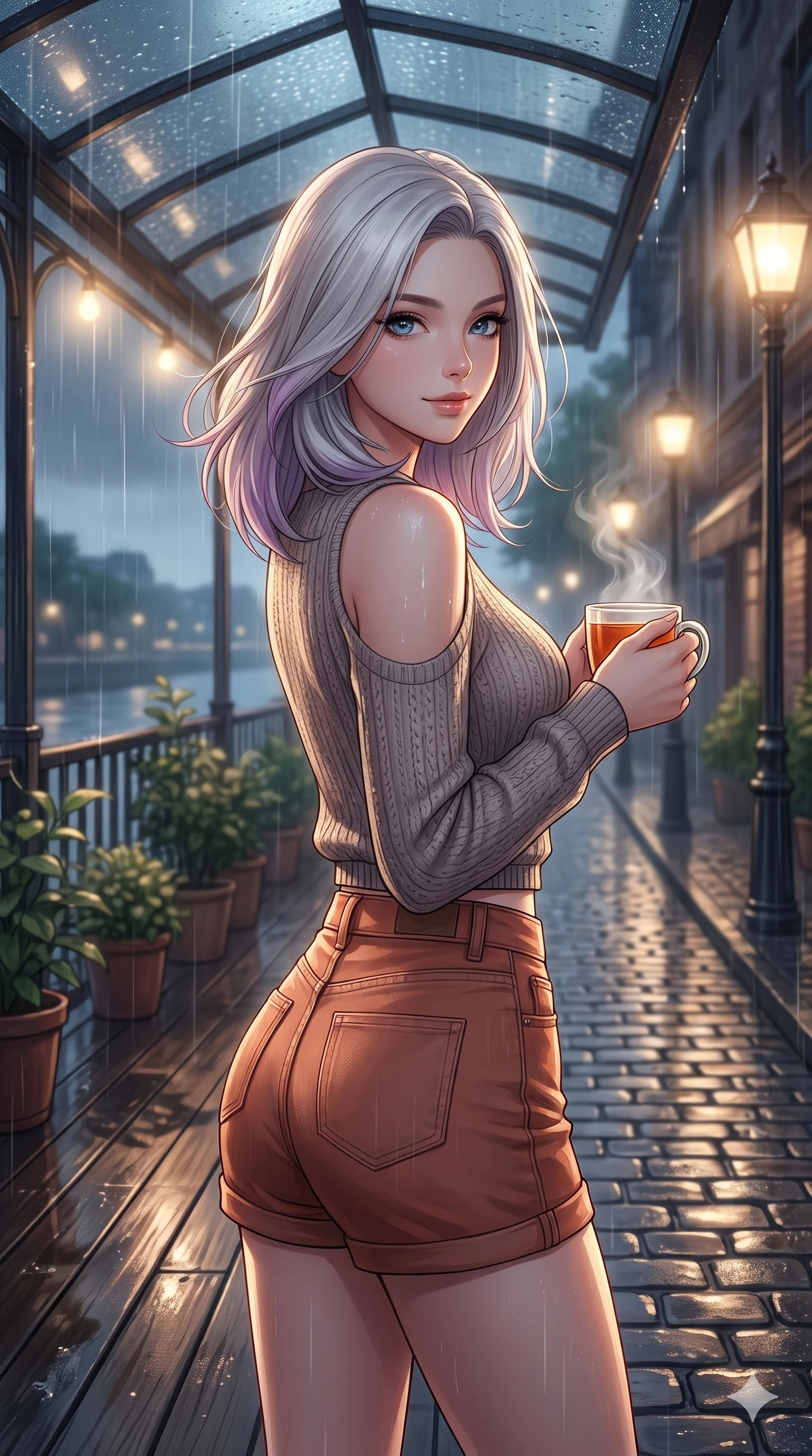 score_9, masterpiece, best quality, ultra-detailed, high-budget anime keyframe, vibrant anime aesthetic, Caucasian woman, strictly human ears. close-up cowboy shot from the waist and thighs up, the character dominates the composition, filling the frame with her large presence, background elements kept in soft focus. She is holding a warm mug of tea, looking at the camera with a gentle smile, looking over her shoulder at the camera with a soft breath of wind in her hair. by a scenic river bank deck decorated with potted plants, under an elegant glass canopy in the rain (Code-P22-075). She has an absolutely perfect proportion, an exceptionally elegant and slender female figure with an ultra-slim waist. V-shaped jawline, high-bridge nose, intricate jewel-like eyes with depth, thick eyelashes, glossy lips with a natural sheen. wearing a cold-shoulder knit top with a cropped waistline and denim shorts in warm terracotta. She is lit by dramatic, high-contrast streetlights casting long shadows in the rain, adding depth to her jewel-like eyes along the cobblestone alley. 2k, ultra detail, master piece, 9:16 ratio