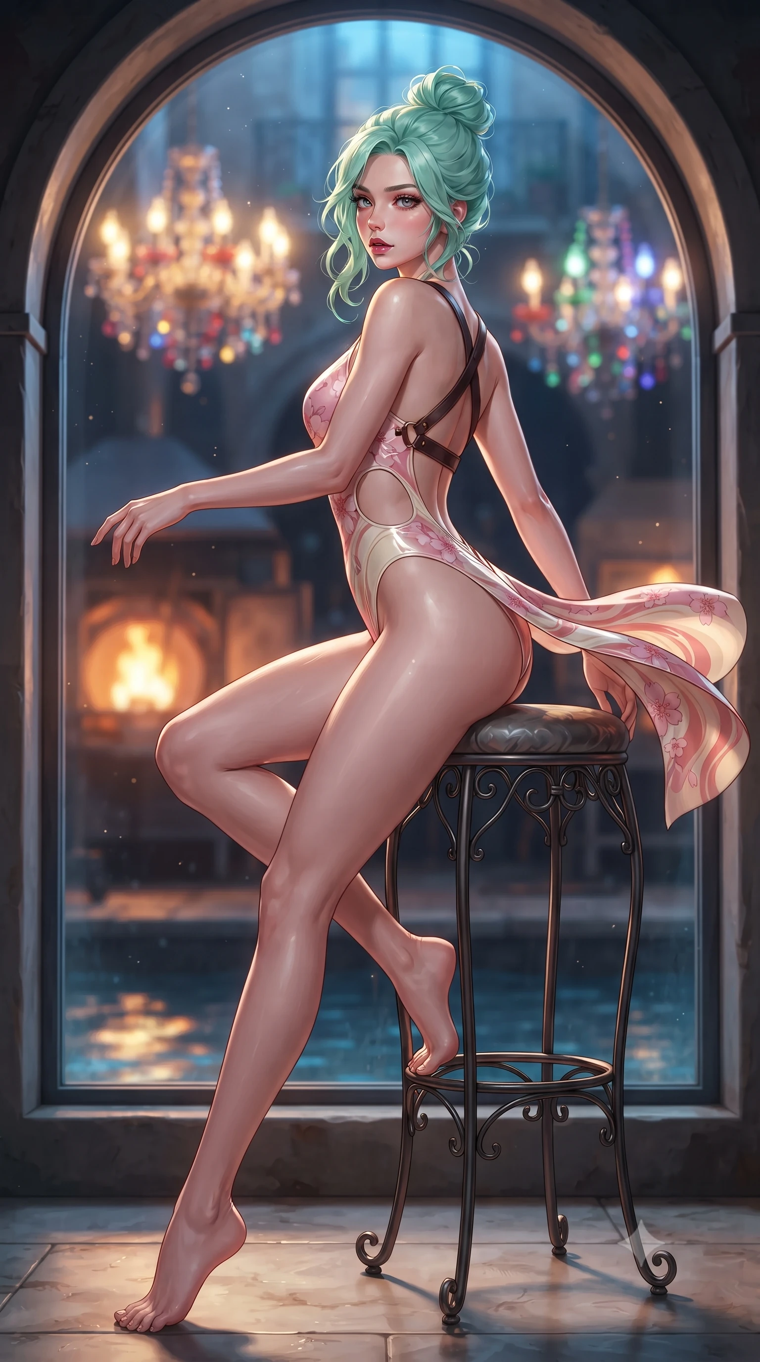 score_9, masterpiece, best quality, ultra-detailed, high-budget anime keyframe, editorial fashion photography, tasteful artistic composition, Japanese woman. low angle full-body shot from head to toe showing her feet, filling the entire 9:16 vertical frame with her statuesque presence, stretching her vertical silhouette. executing an elegant mid-motion pivot turn as garments swirl around her slender limbs, glancing over her shoulder with an intoxicating bedroom-gaze while perching on a wrought-iron stool beside an arched canal-facing window, hips cocked back as water reflections dance across her silhouette. The composition keeps background elements in soft focus with creamy bokeh. glowing glassblowing kilns and hanging multicolored crystal chandeliers blurred into molten gold, ruby, and sapphire bokeh. She has an exceptionally tall and slender model-like 8.5-heads proportion, an ultra-slim waist, a flat toned midriff, narrow delicate ribcage, and beautifully sculpted feminine hips creating a graceful, slim hourglass silhouette without any bulky heaviness, with impossibly long slender legs. sharp v-shaped jawline, high-bridge nose, intricate jewel-like eyes with depth, thick eyelashes, glossy parted lips with a natural sheen, intensely captivating and seductive bedroom-eyes expression, flawlessly proportioned anatomical accuracy, strict slender model proportions, natural body alignment, perfectly sculpted long slender limbs, ultra-slim waistline, clean dynamic posture without body distortion. wearing a botanical cutout monokini with organic leaf-curve side openings and high-cut hip bands in sakura blossom pink and warm ivory, tailored from second-skin aerodynamic stretch vinyl with specular wet sheen, featuring an open-back criss-cross harness strap in dark leather, the second-skin form-contouring cut accentuating her sculpted flat midriff, narrow delicate ribcage, and gracefully curvy hips with supermodel precision. bathed in warm glowing furnace firelight contrasting with cool blue canal water bounce through arched windows. ultra-reflective glossy finish, specular highlights, rich textural contrasts, high-contrast stereoscopic depth, volumetric dynamic lighting, 2k, ultra detail, master piece, 9:16 ratio