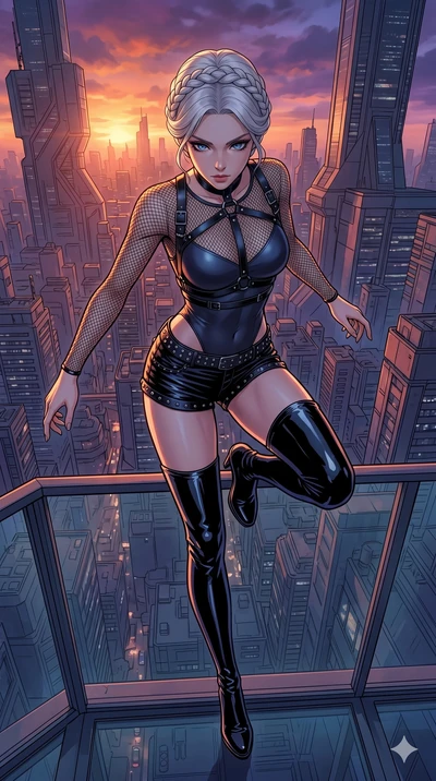 score_9, masterpiece, best quality, ultra-detailed, high-budget anime movie keyframe, cinematic anime lighting, intricate line art, Korean woman. Extreme high angle shot as she leaps towards the camera, filling the frame. surveying a sprawling mega-c
