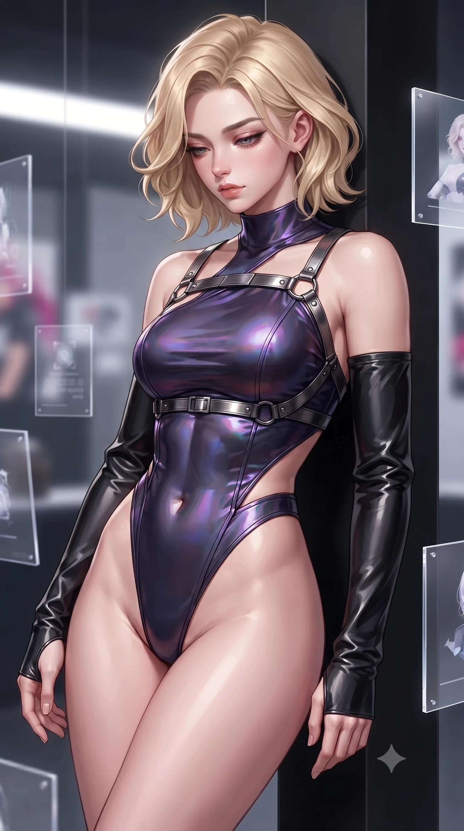 score_9, masterpiece, best quality, ultra-detailed, high-budget anime keyframe, editorial fashion photography, tasteful artistic composition, Caucasian woman. close-up cowboy shot from the waist and thighs up, the character dominates the composition, filling the frame with her large presence, background elements kept in soft focus. Looking down with lowered lashes and a composed, powerful dark aura, resting against a matte black pillar surrounded by floating acrylic glass displays, high-contrast black leather and chrome textures glinting under key rays. She has an exceptionally elegant, slender, and willowy female figure with an ultra-slim waist, a gracefully sculpted slender torso, and a refined silhouette. sharp v-shaped jawline, high-bridge nose, intricate jewel-like eyes with depth, thick eyelashes, glossy lips with a natural sheen. wearing asymmetric high-cut cyber-bodysuit with detached sleeves in onyx black in pitch-black onyx, made of iridescent dark violet taffeta, highlighted by a gunmetal metallic harness structure, sculpting her athletic slender build with refined precision. surrounded by a high-gloss metallic sheen with crisp rim lighting. highly saturated vibrant anime colors, detailed shading with soft gradients, rich glossy textures, high-contrast stereoscopic depth, volumetric dynamic lighting, master piece, 9:16 ratio
