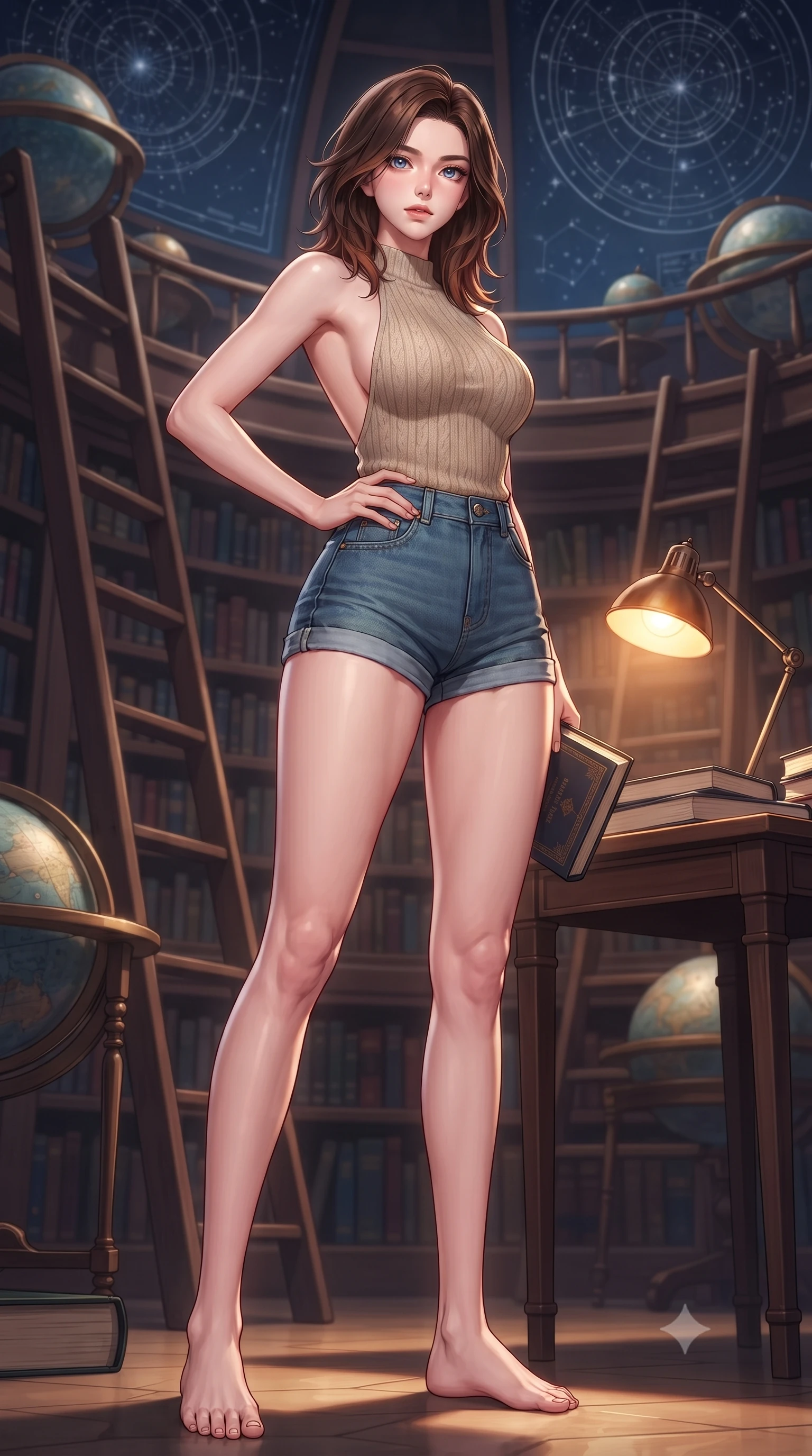 score_9, masterpiece, best quality, ultra-detailed, high-budget anime keyframe, editorial fashion photography, tasteful artistic composition, Korean woman. low angle full-body shot from head to toe showing her feet, filling the entire 9:16 vertical frame with her statuesque presence, stretching her vertical silhouette. posing confidently with one hand on her hip, stretching her statuesque body to emphasize her curves the background shows a soft-focus an astronomical observatory library with tall wooden ladders and star charts. She has an absolutely perfect, statuesque 8.5-heads proportion, an exceptionally tall and slender model-like female figure with impossibly long slender legs and an ultra-slim waist. sharp v-shaped jawline, high-bridge nose, intricate jewel-like eyes with depth, thick eyelashes, glossy lips with a natural sheen. wearing a body-hugging backless knit top in beige wool, paired with high-waisted denim shorts. focused warm reading lamp light creating an intelligent, thoughtful mood. highly saturated vibrant anime colors, detailed shading with soft gradients, rich glossy textures, high-contrast stereoscopic depth, volumetric dynamic lighting, master piece, 9:16 ratio