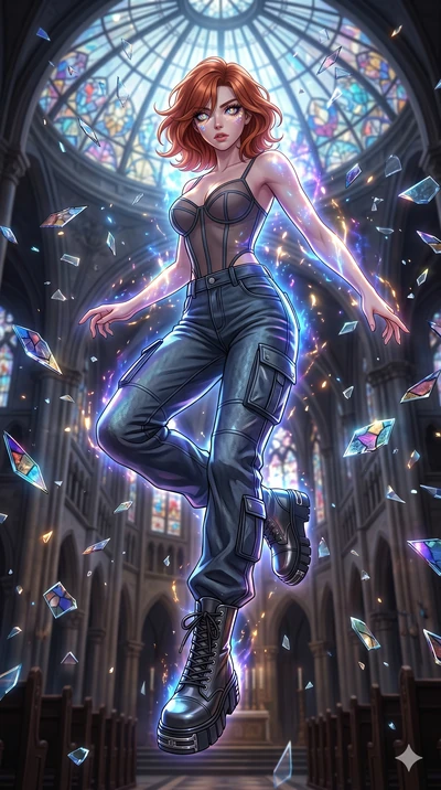 score_9, masterpiece, best quality, ultra-detailed, Set A: High-budget Anime Keyframe, Japanese woman. Low angle cowboy shot filling the entire 9:16 frame with her statuesque presence. Leaping through a shattered glass cathedral, while her eyes glow 
