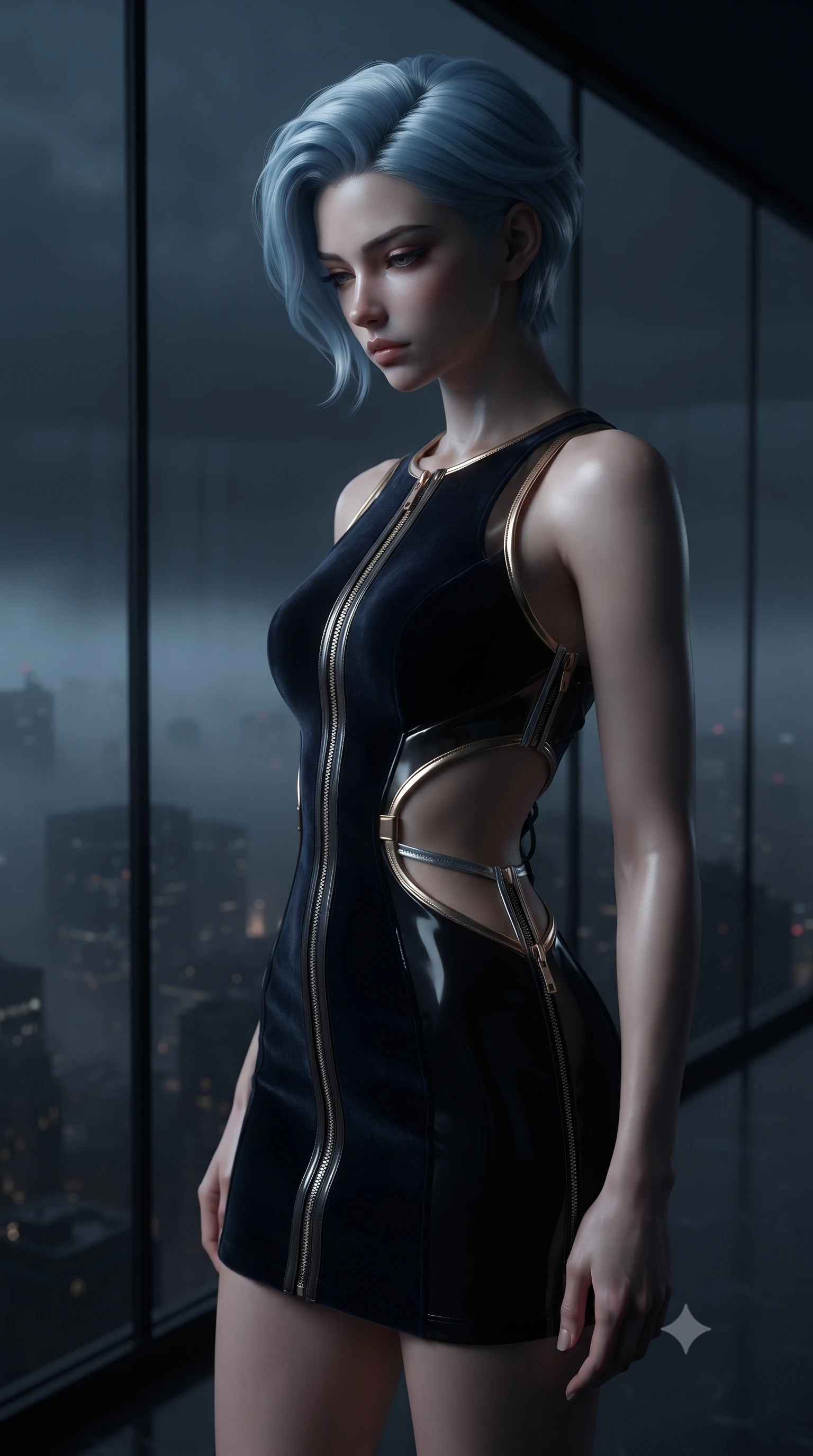 score_9, masterpiece, best quality, ultra-detailed, high-budget anime keyframe, editorial fashion photography, tasteful artistic composition, Korean woman. close-up cowboy shot from the waist and thighs up, the character dominates the composition, filling the frame with her large presence, background elements kept in soft focus. Looking down with lowered lashes and a composed, powerful dark aura, looking out the floor-to-ceiling glass wall as nocturnal mist blankets the city below, sleek glass reflections swallowing surrounding background into soft dark focus. She has an exceptionally elegant, slender, and willowy female figure with an ultra-slim waist, a gracefully sculpted slender torso, and a refined silhouette. sharp v-shaped jawline, high-bridge nose, intricate jewel-like eyes with depth, thick eyelashes, glossy lips with a natural sheen. wearing dramatic architectural open-waist cutout mini dress in dark velvet framed by chrome hardware in champagne gold, made of high-gloss liquid vinyl, finished with metallic silver boning and sleek zipper points, sculpting her athletic slender build with refined precision. surrounded by a moody, intimate glow with sharp specular skin highlights. ultra-reflective glossy finish, specular highlights, metallic sheen, high-contrast stereoscopic depth, volumetric dynamic lighting, 2k, ultra detail, master piece, 9:16 ratio