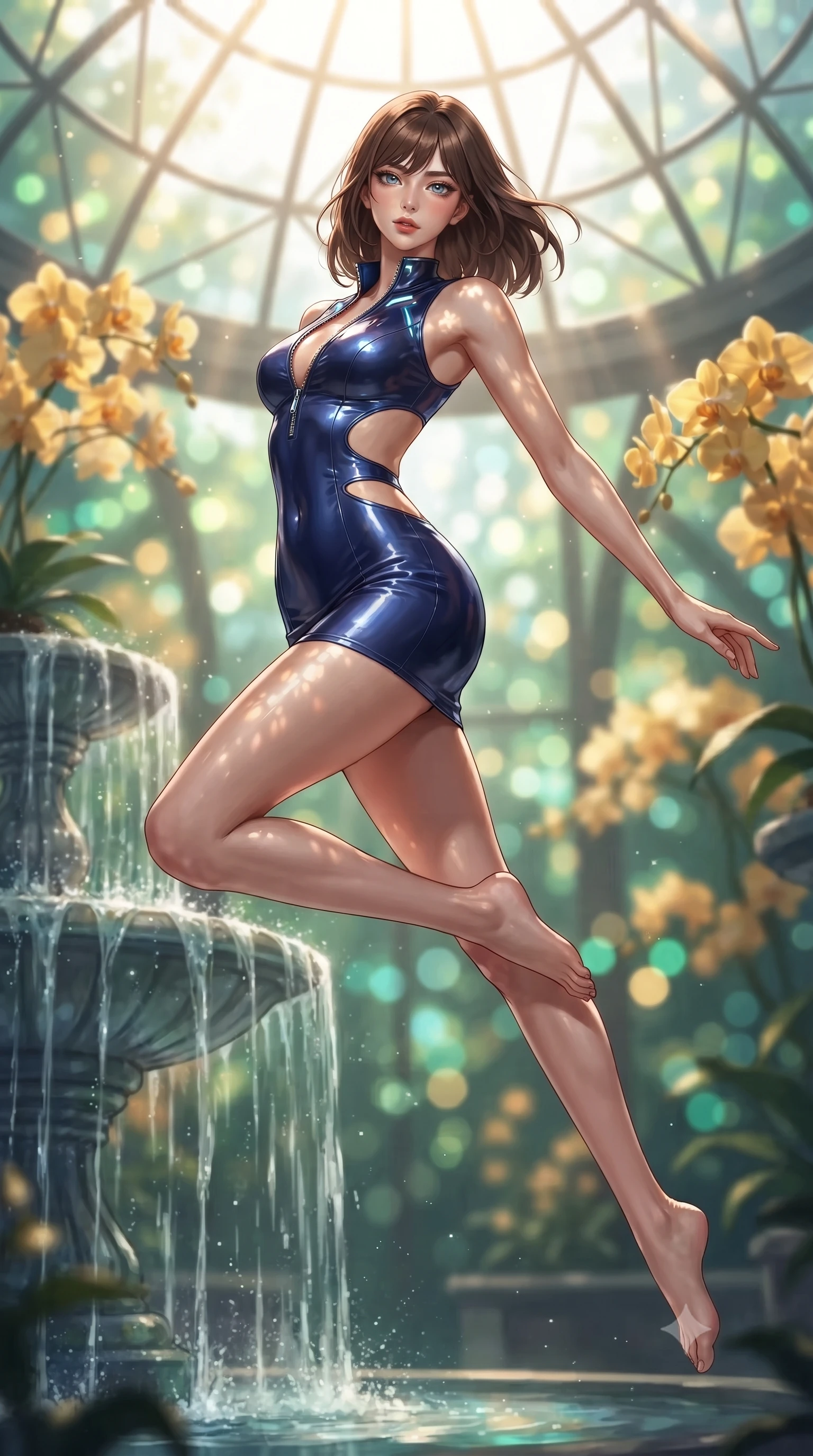 score_9, masterpiece, best quality, ultra-detailed, high-budget anime keyframe, editorial fashion photography, tasteful artistic composition, Korean woman. low angle full-body shot from head to toe showing her feet, filling the entire 9:16 vertical frame with her statuesque presence, stretching her vertical silhouette. leaping through mid-air with an athletic yet alluring arch of her spine, her impossibly long slender legs stretched in flawless poise while pivoting dynamically beside a cascading glasshouse fountain catching intense volumetric sunbeams. The composition keeps background elements in soft focus with creamy bokeh. golden orchid clusters and geometric glass dome panes blurred into luminous emerald and amber bokeh. She has an absolutely perfect, statuesque 8.5-heads proportion, an exceptionally tall and slender model-like female figure with impossibly long slender legs, a toned flat midriff, and an ultra-slim waist. sharp v-shaped jawline, high-bridge nose, intricate jewel-like eyes with depth, thick eyelashes, glossy lips with a natural sheen, flawlessly proportioned anatomical accuracy, strict slender model proportions, natural body alignment, perfectly sculpted long slender limbs, ultra-slim waistline, clean dynamic posture without body distortion. wearing a second-skin fashion-latex mini dress with a clean architectural front, featuring an open-back design that wraps around the sides of her waist, showcasing her slender silhouette in deep royal navy blue and specular chrome, crafted from ultra-reflective second-skin latex with a high-gloss glass-like polish, featuring a dangerously unzipped neckline framed by glowing cybernetic accents, the precision-cut daring openings accentuating her delicate midriff, graceful bare collarbones, and ultra-slim feminine waistline. illuminated by fresh botanical ambient radiance with organic leaf-shadow stencils on her skin. ultra-reflective glossy finish, specular highlights, metallic sheen, high-contrast stereoscopic depth, volumetric dynamic lighting, 2k, ultra detail, master piece, 9:16 ratio