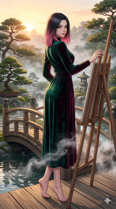 score_9, masterpiece, best quality, ultra-detailed, high-budget anime keyframe, editorial fashion photography, tasteful artistic composition, Korean woman. low angle full-body shot from head to toe showing her feet, filling the entire 9:16 vertical f