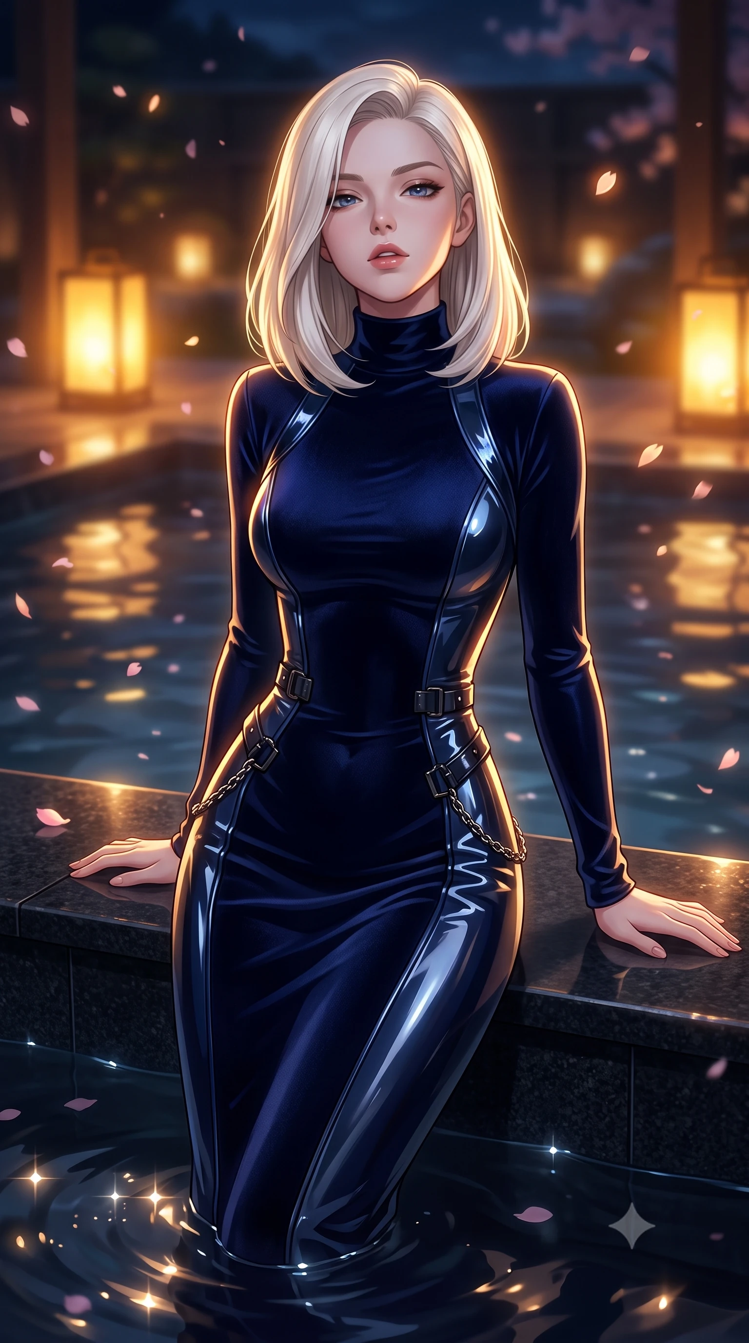 score_9, masterpiece, best quality, ultra-detailed, high-budget anime keyframe, editorial fashion photography, tasteful artistic composition, Caucasian woman. close-up cowboy shot from the waist and thighs up, the character dominates the composition, filling the frame with her large presence, background elements kept in soft focus. Tilting her chin up slightly with lips parted in a composed, magnetic expression, resting against a smooth black granite pool ledge under falling cherry blossom petals, warm amber lantern light casting glowing gold highlights across the dark pool. She has an exceptionally elegant, slender, and willowy female figure with an ultra-slim waist, a gracefully sculpted slender torso, and a refined silhouette. sharp v-shaped jawline, high-bridge nose, intricate jewel-like eyes with depth, thick eyelashes, glossy lips with a natural sheen. wearing floor-length high-neck midnight navy velvet gown with long sleeves in midnight navy blue, made of high-gloss liquid vinyl, framed by dark titanium buckles and silver chain details, accentuating her gracefully sculpted slender torso. surrounded by a moody nocturnal spa glow with sharp water specular glints. highly saturated vibrant anime colors, detailed shading with soft gradients, rich glossy textures, high-contrast stereoscopic depth, volumetric dynamic lighting, master piece, 9:16 ratio