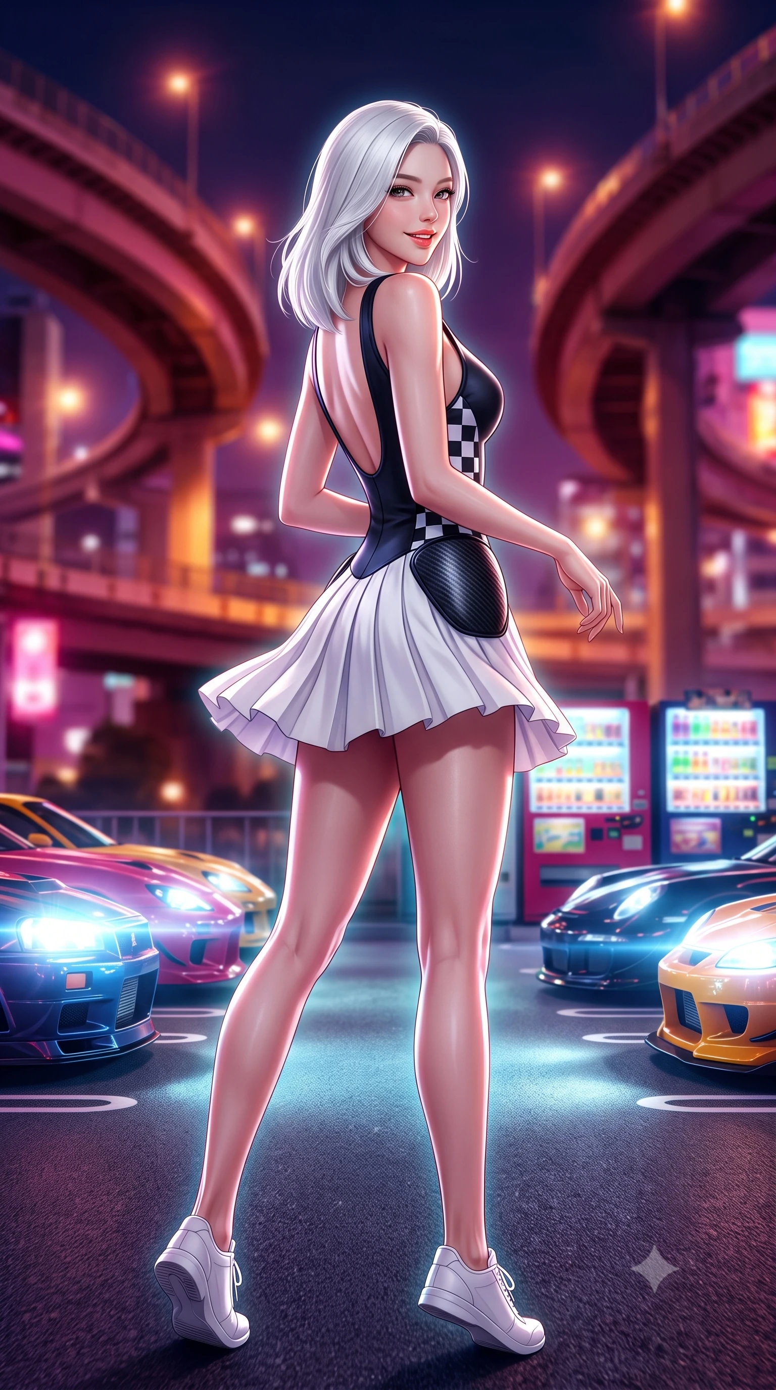 score_9, masterpiece, best quality, ultra-detailed, high-budget anime keyframe, semi-realistic 3D game render, editorial fashion photography, tasteful artistic composition, Korean woman. low angle full-body shot from head to toe showing her feet, filling the entire 9:16 vertical frame with her statuesque presence, stretching her vertical silhouette. executing an athletic pivot turn as her pleated tennis skirt flutters around her slender legs, glancing over her shoulder with an intoxicating, teasing bedroom-gaze while twisting her slender torso in an alluring S-curve in the parking bay, neon underglow lighting tracing her tight suit curves and flat midriff. The background shows a soft-focus curving elevated Tokyo highway ramps, rows of customized sports cars, and illuminated vending machine banks blurred into magenta, amber, and cyan bokeh. She has an absolutely perfect, statuesque 8.5-heads proportion, an exceptionally tall and slender model-like female figure with impossibly long slender legs, an ultra-slim waist, a flat toned midriff, narrow delicate ribcage, and beautifully sculpted feminine hips creating a graceful, slim hourglass silhouette without any bulky heaviness. sharp v-shaped jawline, high-bridge nose, sparkling eyes with athletic focus and depth, thick curled eyelashes, glossy parted lips with a natural coral-peach sheen, bright confident and coquettish smile with alluring bedroom-eyes, exuding both youthful sporty vigor and sovereign high-society glamour, flawlessly proportioned anatomical accuracy, strict slender model proportions, natural body alignment, perfectly sculpted long slender limbs, ultra-slim waistline, clean dynamic posture without body distortion. wearing a deep V-neck knit tennis dress with an open-back scoop and knife-pleated skirt tracing her narrow waist and hips in matte obsidian black and checkered flag white, crafted from supple buttery lambskin racing leather with a satin sheen, accented with sleek aerodynamic carbon-fiber hip pads framing her narrow waist, the glove-like aerodynamic silhouette tightly following the natural contour of her hips and long slender legs with youthful 8.5-heads elegance. illuminated by high-beam headlight flares and sharp chrome rim lights sculpting her razor-sharp jawline, narrow waist, and curvy hips. highly saturated vibrant anime colors, detailed shading with soft gradients, rich glossy textures, high-contrast stereoscopic depth, volumetric dynamic lighting, master piece, 9:16 ratio