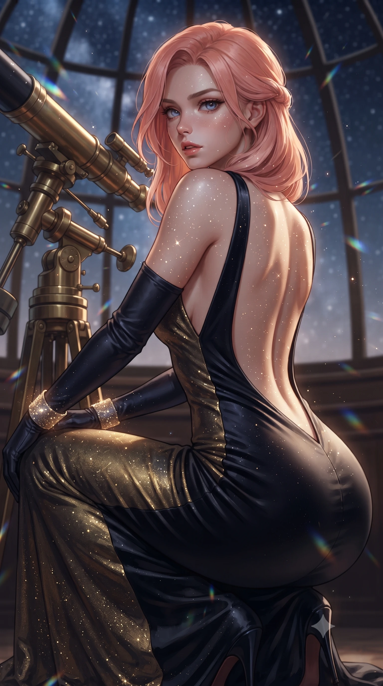 score_9, masterpiece, best quality, ultra-detailed, high-budget anime keyframe, editorial fashion photography, tasteful artistic composition, Japanese woman. close-up cowboy shot from the waist and thighs up, the character dominates the composition, filling the frame with her large presence. twisting her slender torso in a deep contrapposto stance, hips dramatically shifted to accentuate her feminine curves while looking past her shoulder with smoldering bedroom-eyes while crouching gracefully beside the brass telescope mount, looking back with parted glossy lips as galactic starlight washes over her curves. The composition keeps background elements in soft focus with creamy bokeh. floating stardust flecks and prismatic telescope lens refractions scattering ethereal light motes. She has an exceptionally elegant, slender, and willowy female figure with an ultra-slim waist, a gracefully sculpted slender torso, toned flat midriff, and rounded feminine hips creating an alluring hourglass silhouette. sharp v-shaped jawline, high-bridge nose, intricate jewel-like eyes with depth, thick eyelashes, glossy parted lips with a natural sheen, intensely captivating and seductive bedroom-eyes expression, flawlessly proportioned anatomical accuracy, strict slender model proportions, natural body alignment, perfectly sculpted long slender limbs, ultra-slim waistline, clean dynamic posture without body distortion. wearing a liquid silk jersey evening gown with an ultra-deep plunging open back and a sculpted hip-hugging silhouette in midnight obsidian black and liquid stardust gold, crafted from heavyweight crushed silk velvet with liquid frost luster, complemented by opera-length midnight satin gloves and glowing stardust cuffs, the dramatically scooped open back descending to the base of her spine, accentuating her razor-sharp statuesque lines and curvy hourglass silhouette. surrounded by a celestial, immortal, and deeply hypnotic cosmos sovereign aura. ultra-reflective glossy finish, specular highlights, rich textural contrasts, high-contrast stereoscopic depth, volumetric dynamic lighting, 2k, ultra detail, master piece, 9:16 ratio