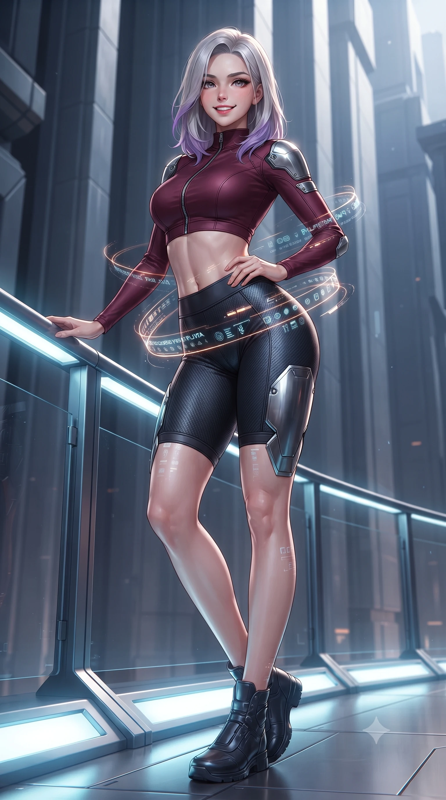 score_9, masterpiece, best quality, ultra-detailed, high-budget anime keyframe, editorial fashion photography, tasteful artistic composition, Caucasian woman. low angle full-body shot from head to toe showing her feet, filling the entire 9:16 vertical frame with her statuesque presence, stretching her vertical silhouette. standing in a tall, confident posture with one hand on a glowing metal railing, stretching her statuesque body as she arches her lower back to emphasize her sculpted feminine hips and slender waist while twisting her slender torso in an alluring contrapposto stance, complex planetary data streams wrapping around her narrow waist and hips. The surrounding environment is rendered in vivid detail and crisp panoramic clarity: detailed tailored suit texture, digital data reflections on skin, and monumental government architecture in razor-sharp precision. She has an absolutely perfect, statuesque 8.5-heads proportion, an exceptionally tall and slender model-like female figure with impossibly long slender legs, an ultra-slim waist, a flat toned midriff, narrow delicate ribcage, and beautifully sculpted feminine hips creating a graceful, slim hourglass silhouette without any bulky heaviness. sharp v-shaped jawline, high-bridge nose, intricate jewel-like sparkling eyes with depth, thick eyelashes, glossy parted lips with a natural sheen, bright confident smile with an enchanting and coquettish sensual glint, exuding both youthful magnetic charm and sovereign high-tech allure, flawlessly proportioned anatomical accuracy, strict slender model proportions, natural body alignment, perfectly sculpted long slender limbs, ultra-slim waistline, clean dynamic posture without body distortion. wearing a sleek two-piece combat athletic set with a zip-front mock-neck crop top and contouring biker shorts hugging her curvy hips in deep wine crimson and dark carbon weave, made of supple second-skin compression stretch jersey clinging flawlessly to her form, accented with strategically placed chrome armor plate guards covering key curves, the aerodynamic second-skin silhouette tightly following the natural contour of her hips and long slender legs with youthful 8.5-heads elegance. illuminated by under-floor uplighting and sharp champagne rim lighting sculpting her razor-sharp jawline, narrow waist, and curvy hips. ultra-reflective glossy finish, specular highlights, rich textural contrasts, high-contrast stereoscopic depth, volumetric dynamic lighting, 2k, ultra detail, master piece, 9:16 ratio