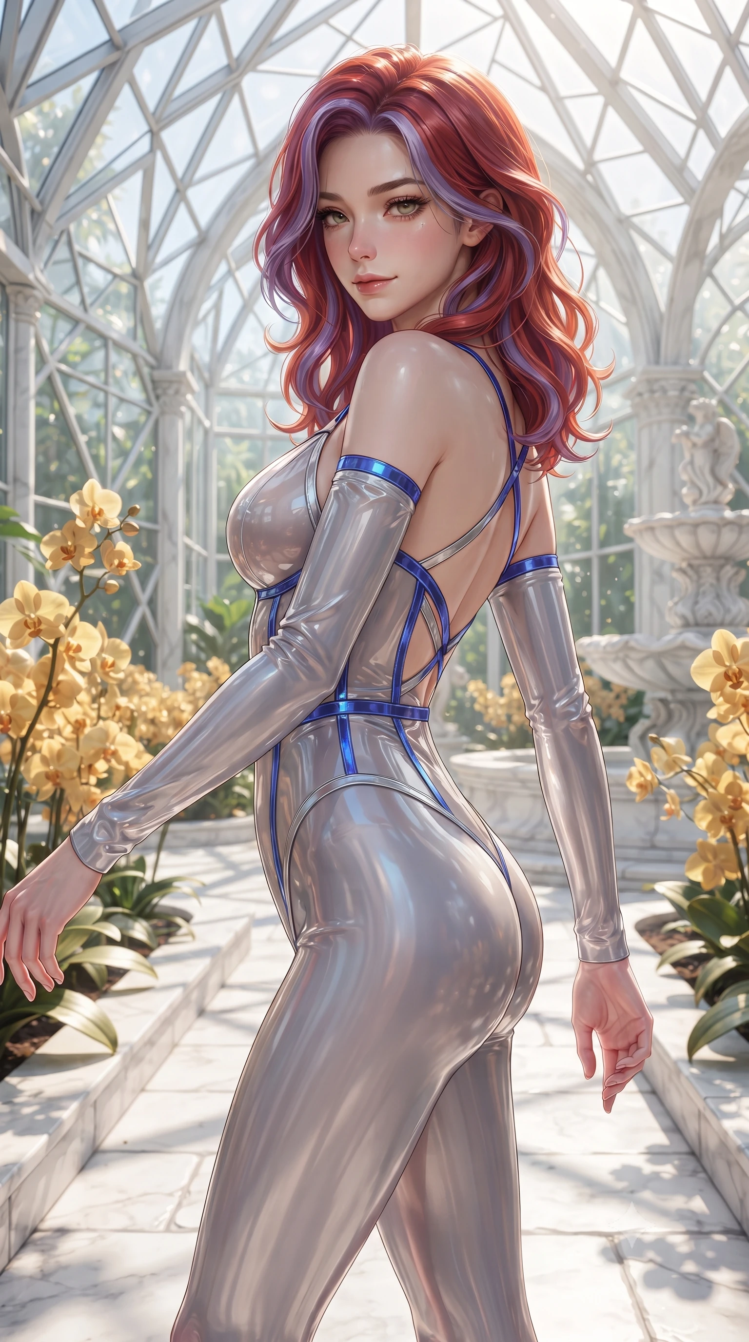 score_9, masterpiece, best quality, ultra-detailed, high-budget anime keyframe, editorial fashion photography, tasteful artistic composition, Caucasian woman. close-up cowboy shot from the waist and thighs up, the character dominates the composition, filling the frame with her large presence. stretching forward with an alluring arch of her spine, glancing over her shoulder with thick eyelashes and a smoldering half-smile while walking gracefully along a sunlit white stone aisle in a grand crystal conservatory surrounded by golden orchids. The surrounding environment is rendered in vivid detail and crisp panoramic clarity. crisp glass geometric lattices, marble fountain carvings, and sunlit stone pathways in high resolution. She has an exceptionally elegant, slender, and willowy female figure with an ultra-slim waist, a gracefully sculpted slender torso, toned flat midriff, and a refined slim silhouette. sharp v-shaped jawline, high-bridge nose, intricate jewel-like eyes with depth, thick eyelashes, glossy lips with a natural sheen, flawlessly proportioned anatomical accuracy, strict slender model proportions, natural body alignment, perfectly sculpted long slender limbs, ultra-slim waistline, clean dynamic posture without body distortion. wearing a translucent cybernetic corset in semi-opaque structured vinyl, combined with detached sleeves and a deep-plunging neckline secured by glowing micro-straps in liquid electric cobalt blue and polished silver, made of liquid metal jersey that clings flawlessly to every contour of her build, complemented by criss-cross back straps highlighting her completely bare spine, the form-contouring material adhering flawlessly to her sculpted flat midriff and slender torso, emphasizing her long leg lines and perfectly proportioned willowy build. illuminated by fresh botanical ambient radiance with organic leaf-shadow stencils on her skin. ultra-reflective glossy finish, specular highlights, metallic sheen, high-contrast stereoscopic depth, volumetric dynamic lighting, 2k, ultra detail, master piece, 9:16 ratio