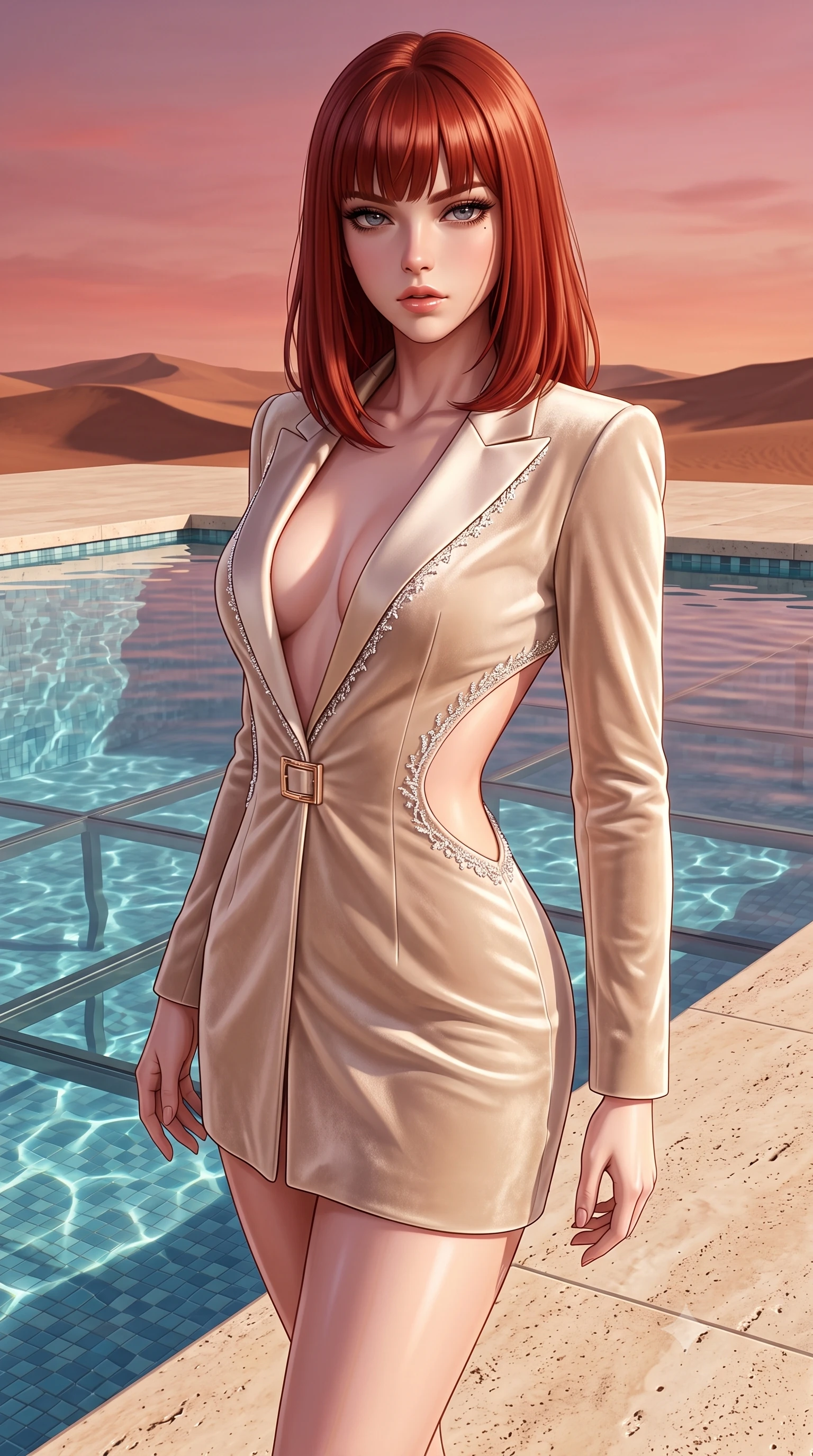 score_9, masterpiece, best quality, ultra-detailed, high-budget anime keyframe, semi-realistic 3D game render, editorial fashion photography, tasteful artistic composition, Caucasian woman. close-up cowboy shot from the waist and thighs up, the character dominates the composition, filling the frame with her large presence. leaning back with relaxed seductive grace, her sculpted collarbones and narrow waist highlighted as she casts smoldering bedroom-eyes directly into the camera while standing poised on the sunlit travertine pool deck, turning in an alluring silhouette as desert twilight paints the sky in shades of rose and copper. The surrounding environment is rendered in vivid detail and crisp panoramic clarity. sharp glass bottom floor seams, submerged mosaic tile caustics, and distant desert dune ridges in deep focus. She has an exceptionally elegant, slender, and willowy female figure with an ultra-slim waist, flat toned midriff, narrow ribcage, and sculpted feminine hips creating an alluring, slim hourglass silhouette without bulk. sharp v-shaped jawline, high-bridge nose, intricate jewel-like eyes with depth, thick eyelashes, glossy parted lips with a natural sheen, intensely captivating and seductive bedroom-eyes expression, flawlessly proportioned anatomical accuracy, strict slender model proportions, natural body alignment, perfectly sculpted long slender limbs, ultra-slim waistline, clean dynamic posture without body distortion. wearing a tailored velvet tuxedo jacket dress with satin lapels, worn with a deep plunge neckline and gold hip buckle in vintage champagne ivory and delicate rose gold, tailored from liquid silk jersey adhering flawlessly to her slender build, finished with delicate crystal frost embroidery tracing the plunging neckline, the precision-cut side openings and low-back scoop framing her graceful spine and the sensual sweep of her slim, toned hips. illuminated by intense specular pool water reflections sharply carving her razor-sharp jawline, narrow waist, and curvy hips. highly saturated vibrant anime colors, detailed shading with soft gradients, rich glossy textures, high-contrast stereoscopic depth, volumetric dynamic lighting, master piece, 9:16 ratio