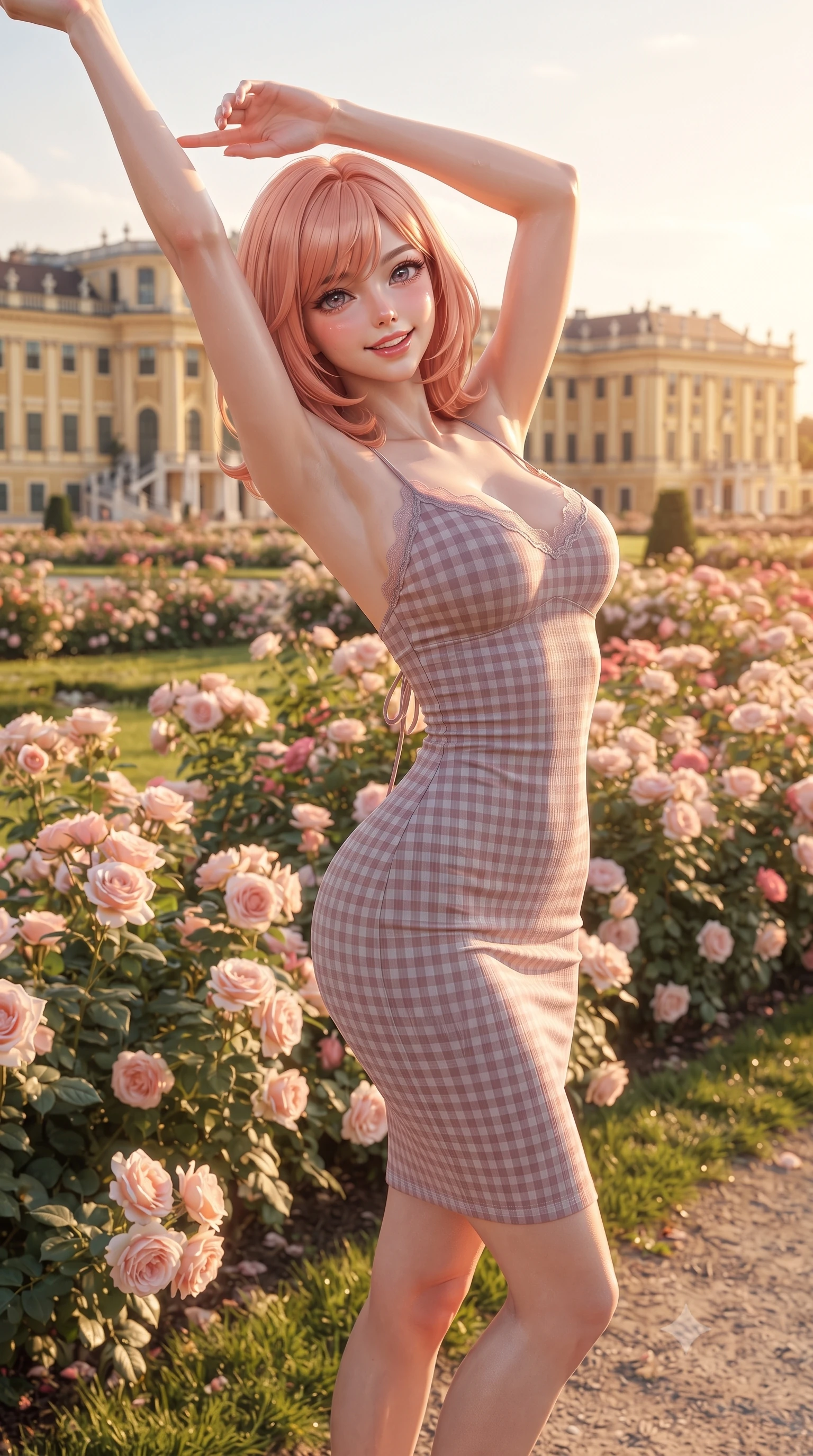 score_9, masterpiece, best quality, ultra-detailed, high-budget anime keyframe, editorial fashion photography, tasteful artistic composition, Japanese woman. close-up cowboy shot from the waist and thighs up, the character dominates the composition, filling the frame with her large presence. playfully stretching one arm overhead toward the sun, her radiant smile capturing fresh girlhood charm while her arched torso reveals an intoxicating hip contour while standing gracefully among thousands of blooming red and pink rose bushes, arching her back with a bright, aristocratic cute smile. The surrounding environment is rendered in vivid detail and crisp panoramic clarity. detailed silk dress weave, soft sunlight specular sheen on skin, and Vienna palace architecture in high clarity. She has an exceptionally elegant, slender, and willowy female figure with an ultra-slim waist, flat toned midriff, narrow ribcage, and sculpted feminine hips creating an alluring, slim hourglass silhouette without bulk. sharp v-shaped jawline, high-bridge nose, intricate jewel-like sparkling eyes with depth, thick eyelashes, glossy parted lips with a natural peach sheen, bright cheerful beaming smile with an enchanting and coquettish sensual glint, exuding both youthful cute charm and seductive allure, flawlessly proportioned anatomical accuracy, strict slender model proportions, natural body alignment, perfectly sculpted long slender limbs, ultra-slim waistline, clean dynamic posture without body distortion. wearing a backless lace-up gingham sundress with a form-fitting bodice and hip-defining silhouette in dusty rose and soft dove grey, formed from supple second-skin stretch ribbed knit clinging to her form, finished with delicate lace scallop edging along the neckline, the form-contouring cut accentuating her sculpted flat midriff, narrow delicate ribcage, and gracefully curvy hips with supermodel precision. bathed in glorious golden hour Austrian afternoon sunlight streaming across the formal gardens. ultra-reflective glossy finish, specular highlights, rich textural contrasts, high-contrast stereoscopic depth, volumetric dynamic lighting, 2k, ultra detail, master piece, 9:16 ratio