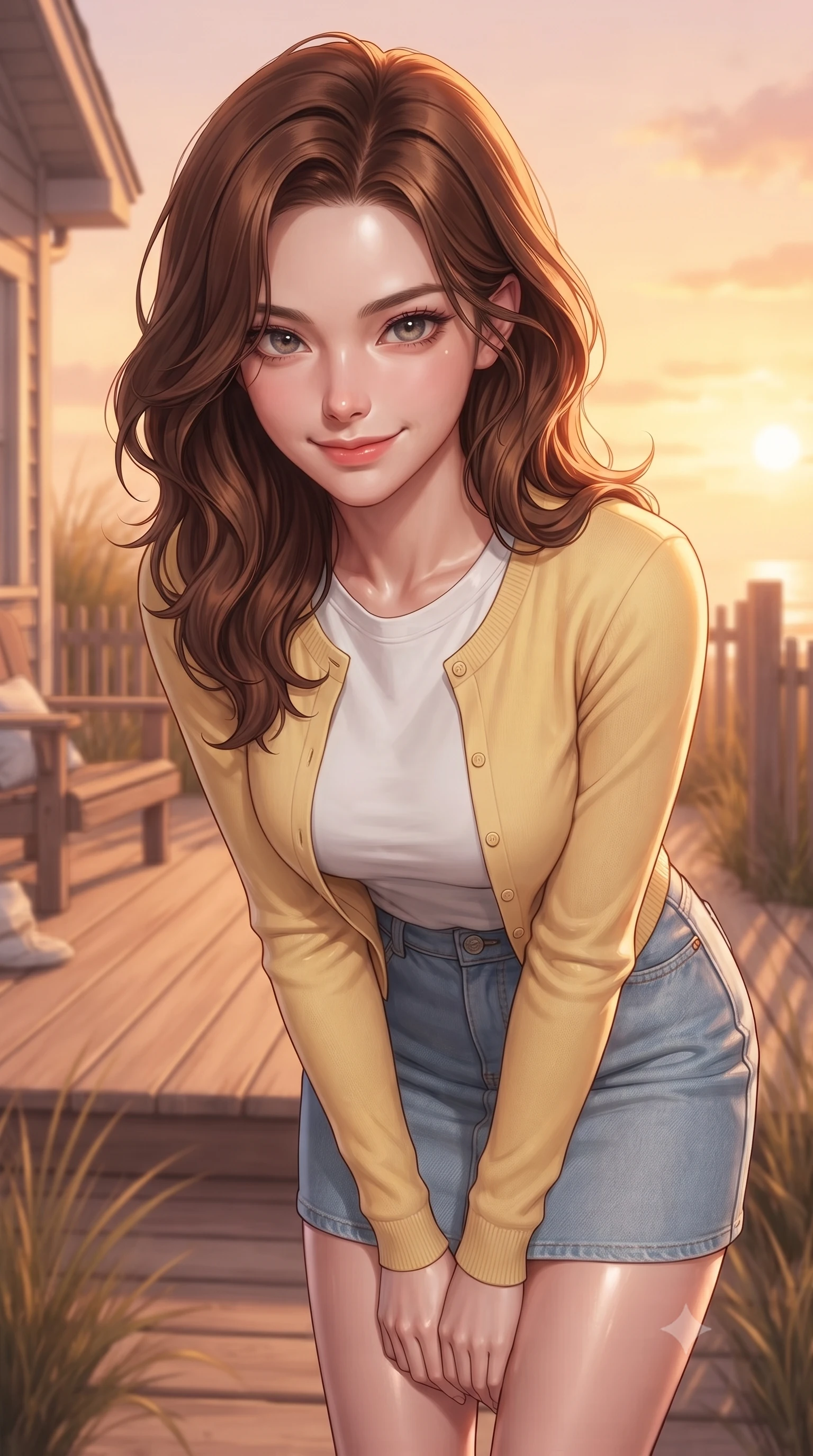 score_9, masterpiece, best quality, ultra-detailed, high-budget anime keyframe, editorial fashion photography, tasteful artistic composition, Korean woman woman. close-up cowboy shot from the waist and thighs up, the character dominates the composition, filling the frame with her large presence, background elements kept in soft focus. leaning slightly forward with a playful, teasing smile, her gaze locked onto the viewer the background shows a soft-focus a cozy wooden deck of a beachside cottage, surrounded by beachgrass and wooden fences. She has an exceptionally elegant, slender, and willowy female figure with an ultra-slim waist, a gracefully sculpted slender torso, and a refined silhouette. sharp v-shaped jawline, high-bridge nose, intricate jewel-like eyes with depth, thick eyelashes, glossy lips with a natural sheen. wearing a slim-fit soft yellow cardigan over a white t-shirt and light blue denim skirt. warm sunset light casting a peaceful, cozy orange wash on her figure. ultra-reflective glossy finish, specular highlights, metallic sheen, high-contrast stereoscopic depth, volumetric dynamic lighting, 2k, ultra detail, master piece, 9:16 ratio