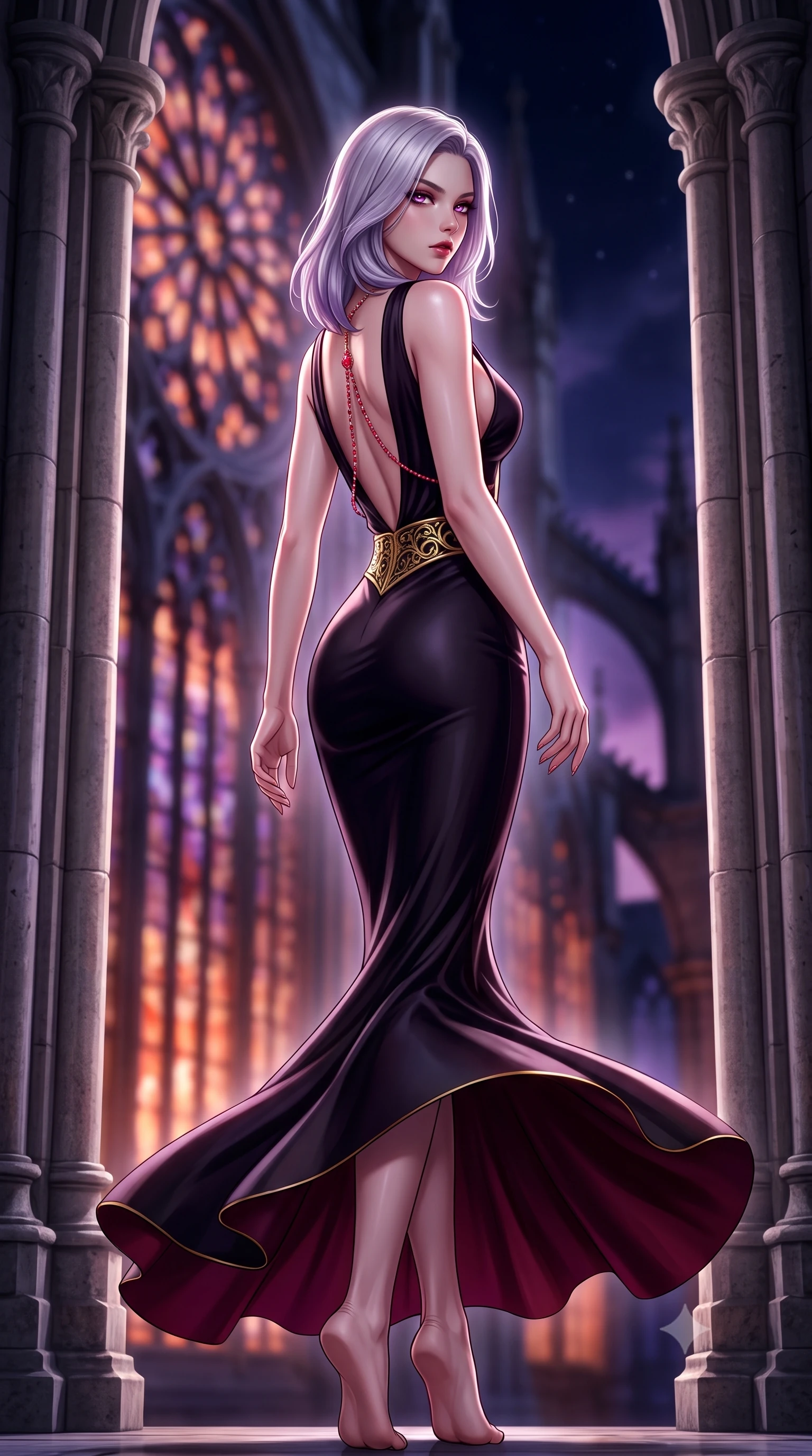 score_9, masterpiece, best quality, ultra-detailed, high-budget anime keyframe, semi-realistic 3D game render, editorial fashion photography, tasteful artistic composition, Caucasian woman. low angle full-body shot from head to toe showing her feet, filling the entire 9:16 vertical frame with her statuesque presence, stretching her vertical silhouette. executing an elegant mid-motion turn as garments swirl around her slender limbs, glancing over her shoulder with smoldering allure while standing poised between towering fluted stone columns, eyes glowing with hypnotic intensity under the velvet night sky. The composition keeps background elements in soft focus with creamy bokeh. colossal gothic rose windows and distant flying buttresses blurred into blood-orange, violet, and obsidian bokeh. She has an absolutely perfect, statuesque 8.5-heads proportion, an exceptionally tall and slender model-like female figure with impossibly long slender legs, a toned flat midriff, and an ultra-slim waist. sharp v-shaped jawline, high-bridge nose, intricate jewel-like eyes with depth, thick eyelashes, glossy parted lips with a natural sheen, intensely captivating and seductive expression, flawlessly proportioned anatomical accuracy, strict slender model proportions, natural body alignment, perfectly sculpted long slender limbs, ultra-slim waistline, clean dynamic posture without body distortion. wearing a sleek obsidian column dress with gold filigree waist cincher and plunging backline in deep royal wine burgundy and liquid gold, made of fluid silk crepe with delicate inner corsetry boning, accented with a glittering ruby back chain tracing her bare spine, the liquid-tight tailored fabric emphasizing every curve of her tall, slender model proportions and sculptured silhouette during dynamic movement. surrounded by an immortal, transcendent, and breathtakingly majestic gothic siren aura. highly saturated vibrant anime colors, detailed shading with soft gradients, rich glossy textures, high-contrast stereoscopic depth, volumetric dynamic lighting, master piece, 9:16 ratio