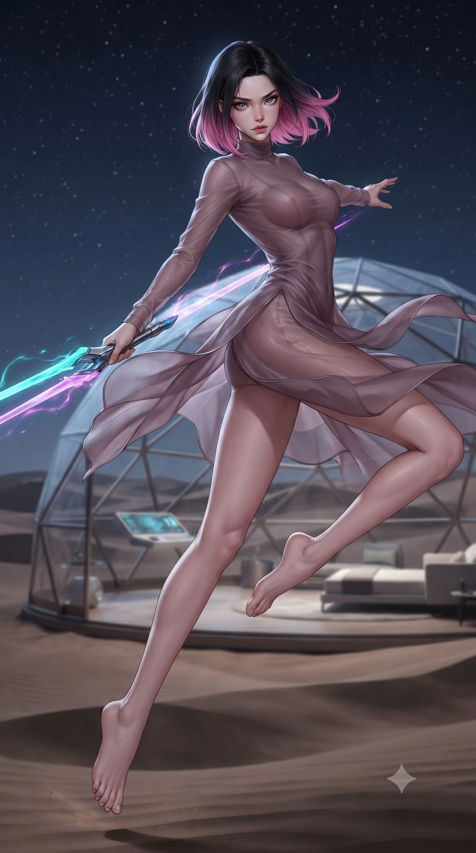 score_9, masterpiece, best quality, ultra-detailed, high-budget anime keyframe, editorial fashion photography, tasteful artistic composition, Korean woman. low angle full-body shot from head to toe showing her feet, filling the entire 9:16 vertical frame with her statuesque presence, stretching her vertical silhouette. leaping forward while slashing with a twin-bladed plasma sword in mid-air, her body-contouring suit showing her athletic silhouette, the background shows a soft-focus a desert dome bedroom built in the middle of a vast sand desert at night. She has an absolutely perfect, statuesque 8.5-heads proportion, an exceptionally tall and slender model-like female figure with impossibly long slender legs and an ultra-slim waist. sharp v-shaped jawline, high-bridge nose, intricate jewel-like eyes with depth, thick eyelashes, glossy lips with a natural sheen. wearing a body-hugging sheer organza dress in dusty mauve, showing her slender torso and willowy silhouette. soft silver moonlight wrapping her silhouette in a cool cosmic glow. ultra-reflective glossy finish, specular highlights, metallic sheen, high-contrast stereoscopic depth, volumetric dynamic lighting, 2k, ultra detail, master piece, 9:16 ratio