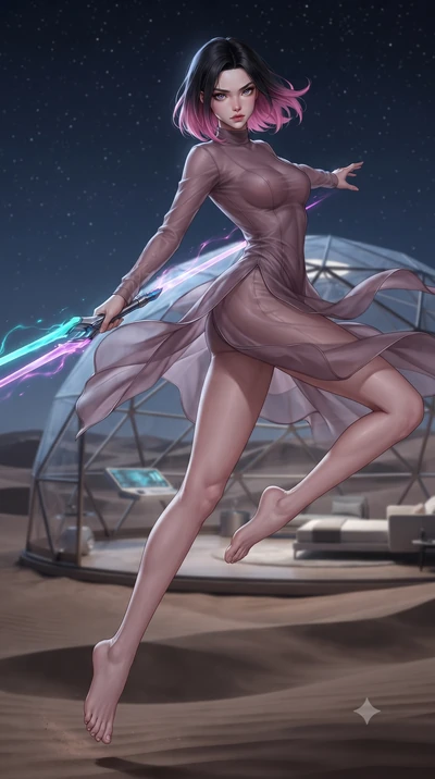 score_9, masterpiece, best quality, ultra-detailed, high-budget anime keyframe, editorial fashion photography, tasteful artistic composition, Korean woman. low angle full-body shot from head to toe showing her feet, filling the entire 9:16 vertical f