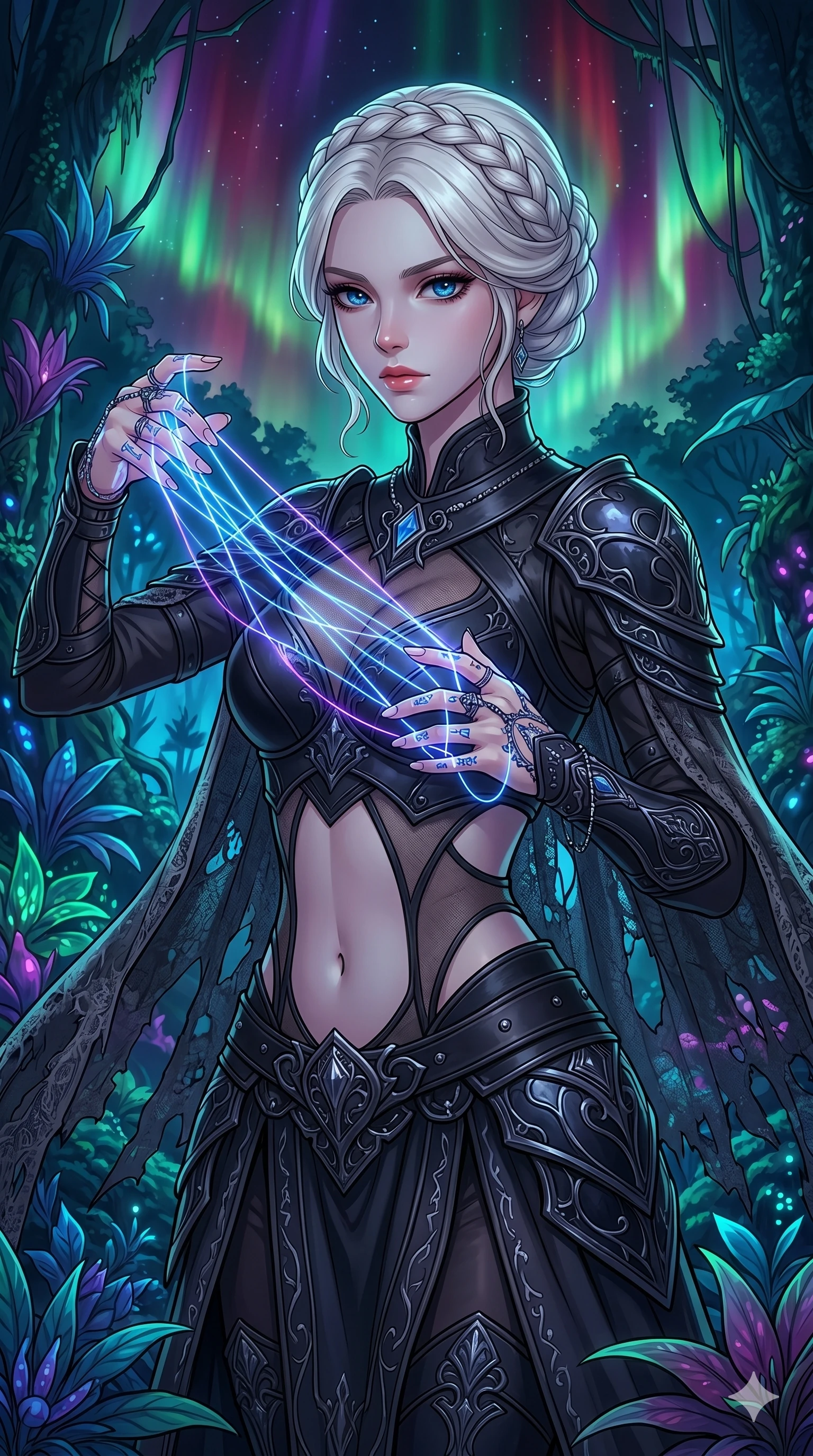 score_9, masterpiece, best quality, ultra-detailed, high-budget anime movie keyframe, cinematic anime lighting, intricate line art, Korean woman. Medium shot of upper body capturing the intricate details of her high-fashion attire. weaving threads of light in a bioluminescent rainforest amidst aurora borealis. She has an absolutely perfect 8-heads proportion, an exceptionally tall and slender female figure with an ultra-slim waist and impossibly long slender legs. sharp v-shaped jawline, high-bridge nose, intricate jewel-like eyes, thick eyelashes, glossy lips. Wearing dark fantasy gothic leather armor with ornate obsidian plates, a tattered lace cape, and sheer mesh cut-outs at the midriff, exuding a mysterious allure. The scene is illuminated by dramatic atmospheric lighting and vibrant color palettes. , 2k, ultra detail, master piece, 9:16 ratio