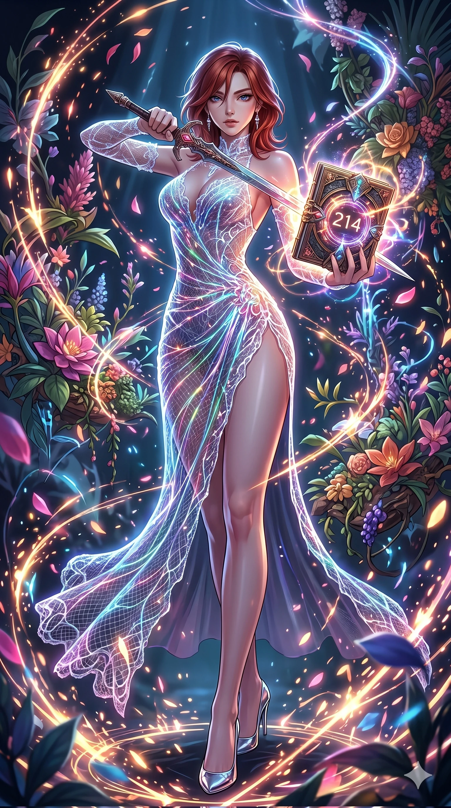 score_9, masterpiece, best quality, ultra-detailed, Set A: High-budget Anime Keyframe, Korean woman. Low angle cowboy shot filling the entire 9:16 frame with her statuesque presence. Drawing a blade through a floating botanical garden, holding a relic that pulses with the frequency 214 and surrounded by glowing energy sparks. She has an absolutely perfect 8-heads proportion, an exceptionally tall and slender female figure with impossibly long slender legs and an ultra-slim waist. Sharp v-shaped jawline, high-bridge nose, intricate jewel-like eyes with depth, thick eyelashes, glossy lips with a natural sheen. Wearing Glowing fiber-optic lace dress with a deep side slit and chrome heels. Cinematic lighting, vibrant colors, dramatic shadows, 2k, ultra detail, master piece, 9:16 ratio