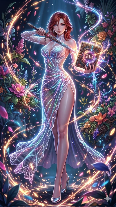 score_9, masterpiece, best quality, ultra-detailed, Set A: High-budget Anime Keyframe, Korean woman. Low angle cowboy shot filling the entire 9:16 frame with her statuesque presence. Drawing a blade through a floating botanical garden, holding a reli