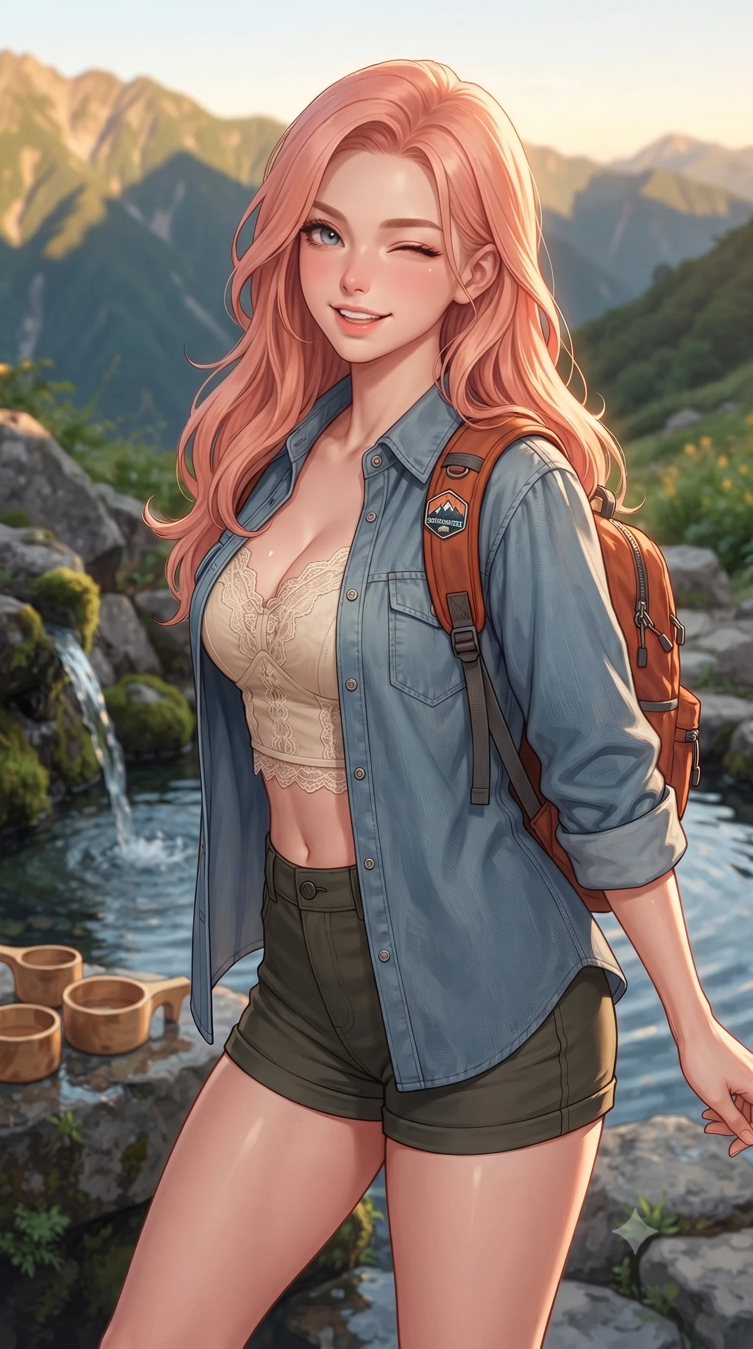 score_9, masterpiece, best quality, ultra-detailed, high-budget anime keyframe, editorial fashion photography, tasteful artistic composition, Japanese woman. close-up cowboy shot from the waist and thighs up, the character dominates the composition, filling the frame with her large presence, background elements kept in soft focus. smiling brightly with a cheerful expression, winking playfully at the viewer set against a soft-focus background of next to a mountain spring well with clear water and wooden cups carrying a small sporty backpack with a cute hiking badge. She has an exceptionally elegant, slender, and willowy female figure with an ultra-slim waist, a gracefully sculpted slender torso, and a refined silhouette. sharp v-shaped jawline, high-bridge nose, intricate jewel-like eyes with depth, thick eyelashes, glossy lips with a natural sheen. wearing tailored delicate lace-accented crop top under an open utility shirt, paired with micro-shorts. golden hour sunset light casting long shadows of mountain peaks across the slope. ultra-reflective glossy finish, specular highlights, metallic sheen, high-contrast stereoscopic depth, volumetric dynamic lighting, 2k, ultra detail, master piece, 9:16 ratio