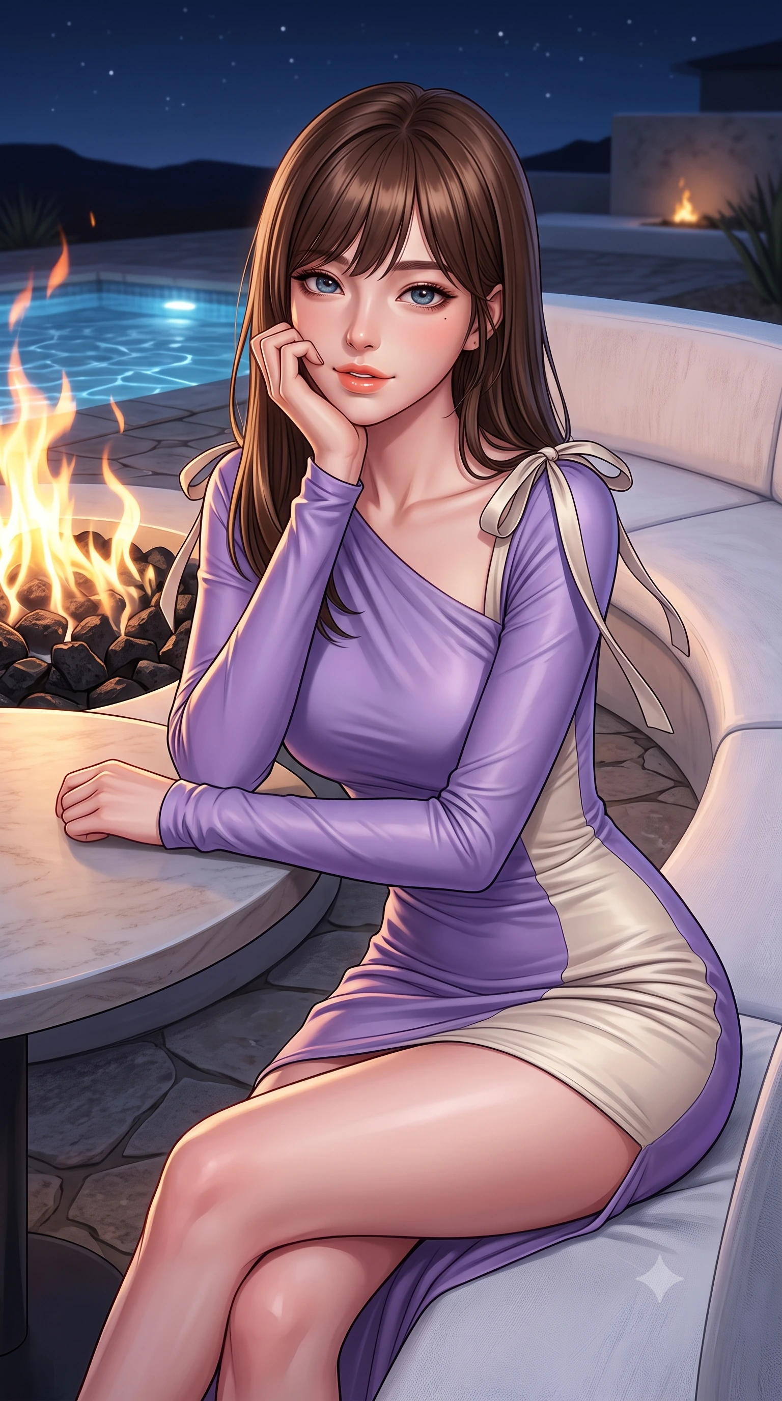 score_9, masterpiece, best quality, ultra-detailed, high-budget anime keyframe, semi-realistic 3D game render, editorial fashion photography, tasteful artistic composition, Korean woman. close-up cowboy shot from the waist and thighs up, the character dominates the composition, filling the frame with her large presence. resting one elbow on the table and supporting her chin, leaning close to the camera with heavy-lidded sparkling eyes and parted lips while leaning against the white-washed curved banquette with hips cocked back, looking through flame ribbons with heavy-lidded bedroom-eyes. The surrounding environment is rendered in vivid detail and crisp panoramic clarity: sharp black volcanic fire pit basalt stones, natural stone terrace textures, and clear water ripples in deep focus. She has an exceptionally elegant, slender, and willowy female figure with an ultra-slim waist, flat toned midriff, narrow ribcage, and sculpted feminine hips creating an alluring, slim hourglass silhouette without bulk. sharp v-shaped jawline, high-bridge nose, intricate jewel-like sparkling eyes with depth, thick eyelashes, glossy parted lips with a natural peach sheen, bright cheerful beaming smile with an enchanting and coquettish sensual glint, exuding both youthful cute charm and seductive allure, flawlessly proportioned anatomical accuracy, strict slender model proportions, natural body alignment, perfectly sculpted long slender limbs, ultra-slim waistline, clean dynamic posture without body distortion. wearing a liquid silk jersey asymmetrical long-sleeve cocktail dress clinging flawlessly to her narrow waist and hips in Luberon lavender purple and Provençal limestone cream, woven from buttery-soft stretch lambskin leather adhering to her body like a second skin, finished with satin ribbon ties at the shoulders fluttering in the gentle breeze, the glove-like clinging cut tightly following the natural contour of her hips and long slender legs with youthful 8.5-heads elegance. bathed in the warm radiant 2100K hearth glow of dancing gas flames contrasted with cool desert starlight and pool LEDs. highly saturated vibrant anime colors, detailed shading with soft gradients, rich glossy textures, high-contrast stereoscopic depth, volumetric dynamic lighting, master piece, 9:16 ratio
