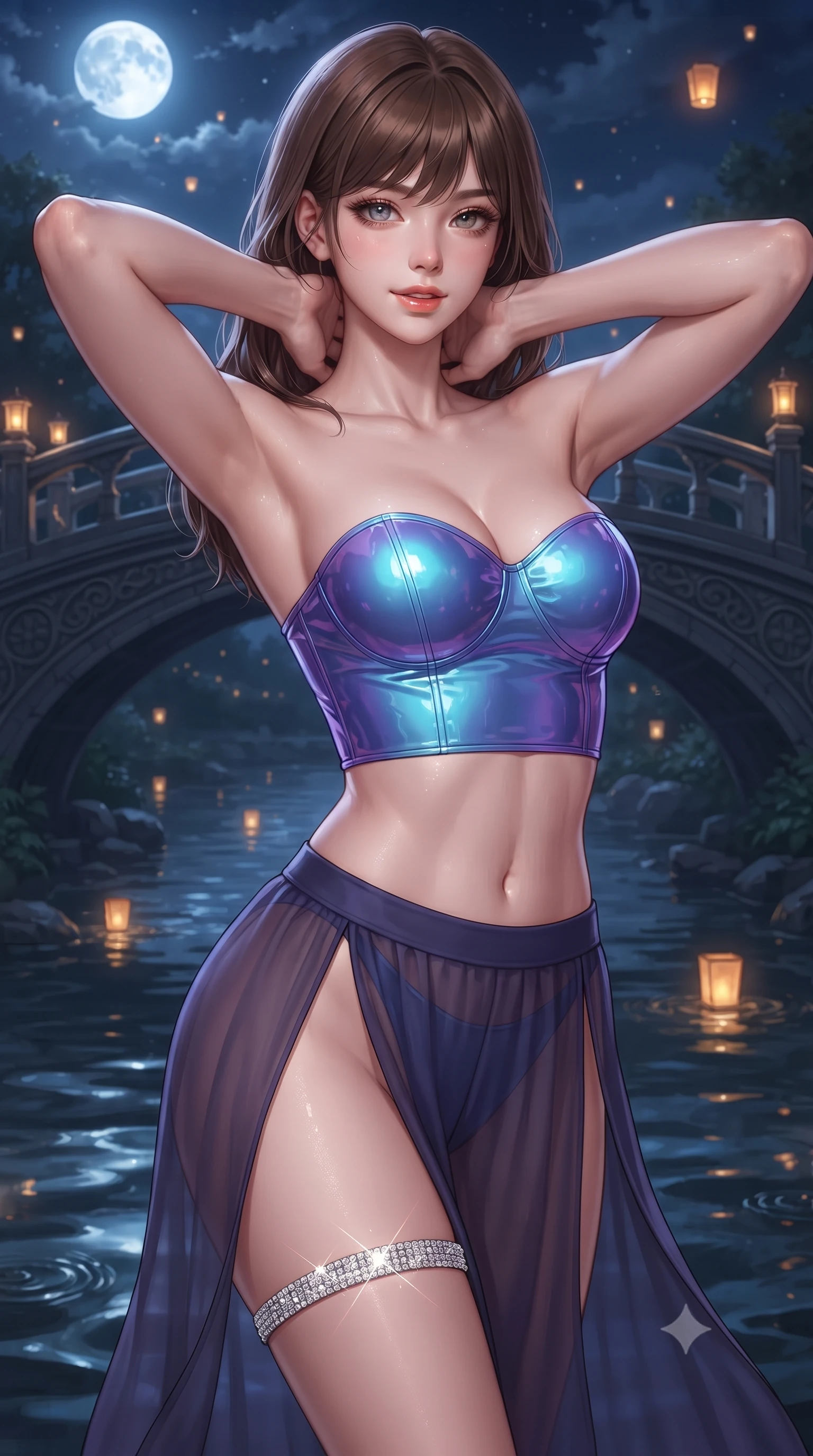 score_9, masterpiece, best quality, ultra-detailed, high-budget anime keyframe, editorial fashion photography, tasteful artistic composition, Korean woman. close-up cowboy shot from the waist and thighs up, the character dominates the composition, filling the frame with her large presence. resting both hands lightly behind her neck with elbows raised, arching her spine to highlight her narrow waist, flat midriff, and breathtaking collarbones while twisting her slender torso in an alluring S-curve, water rippling below casting liquid reflections over her flat midriff and hips. The surrounding environment is rendered in vivid detail and crisp panoramic clarity: detailed sheer silk garment weave, sparkling eyes with athletic depth, and classic bridge relief in razor-sharp precision. She has an exceptionally elegant, slender, and willowy female figure with an ultra-slim waist, flat toned midriff, narrow ribcage, and sculpted feminine hips creating an alluring, slim hourglass silhouette without bulk. sharp v-shaped jawline, high-bridge nose, sparkling eyes with hypnotic seductive depth, thick curled eyelashes, glossy parted lips with a natural dewy peach sheen, alluring bedroom-eyes with an enchanting coquettish smile, exuding magnetic siren charisma and sophisticated glamour, flawlessly proportioned anatomical accuracy, strict slender model proportions, natural body alignment, perfectly sculpted long slender limbs, ultra-slim waistline, clean dynamic posture without body distortion. wearing a strapless wet-look vinyl bustier paired with sheer chiffon high-slit trousers in dual-tone high-contrast neon monochrome, crafted from wet-look high-gloss vinyl fabric with dazzling specular surface reflections, accented with a delicate crystal-encrusted thigh garter strap glinting under the lights, the precision-cut side openings and low-back scoop framing her graceful spine and the sensual sweep of her slim, toned hips. bathed in radiant celestial moonlight combined with floating candle lantern glows from the stream. ultra-reflective glossy finish, specular highlights, rich textural contrasts, high-contrast stereoscopic depth, volumetric dynamic lighting, 2k, ultra detail, master piece, 9:16 ratio