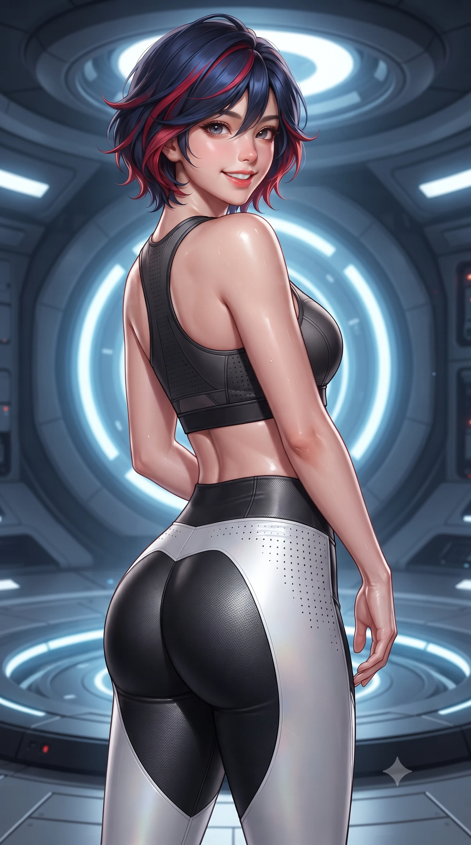 score_9, masterpiece, best quality, ultra-detailed, high-budget anime keyframe, editorial fashion photography, tasteful artistic composition, Korean woman. close-up cowboy shot from the waist and thighs up, the character dominates the composition, filling the frame with her large presence. posing in an alluring rear three-quarter angle, turning over a bare shoulder with an intoxicating gaze, her hips cocked back to highlight her slim hourglass curve against the glowing reactor while twisting her slender torso in a fluid S-curve while floating above the rotating floor, her skin-tight athletic suit hugging her hourglass curves. The surrounding environment is rendered in vivid detail and crisp panoramic clarity: detailed compression athletic suit weave, dewy post-workout sheen on skin, and space station interior precision in high resolution. She has an exceptionally elegant, slender, and willowy female figure with an ultra-slim waist, flat toned midriff, narrow ribcage, and sculpted feminine hips creating an alluring, slim hourglass silhouette without bulk. sharp v-shaped jawline, high-bridge nose, intricate jewel-like sparkling eyes with depth, thick eyelashes, glossy parted lips with a natural sheen, bright confident smile with an enchanting and coquettish sensual glint, exuding both youthful magnetic charm and sovereign high-tech allure, flawlessly proportioned anatomical accuracy, strict slender model proportions, natural body alignment, perfectly sculpted long slender limbs, ultra-slim waistline, clean dynamic posture without body distortion. wearing a tactical racerback athletic crop top paired with skin-tight high-waisted holographic combat leggings in dual-tone high-contrast monochrome black and stark white, made of high-grade ballistic nylon with precision laser-cut perforations, finished with polished chrome buckle hardware and modular magnetic holster clasps, the form-contouring cut accentuating her sculpted flat midriff, narrow delicate ribcage, and gracefully curvy hips with cybernetic supermodel precision. illuminated by floor LED guides and sharp platinum rim lights defining her razor-sharp jawline, narrow waist, and curvy hips. ultra-reflective glossy finish, specular highlights, rich textural contrasts, high-contrast stereoscopic depth, volumetric dynamic lighting, 2k, ultra detail, master piece, 9:16 ratio