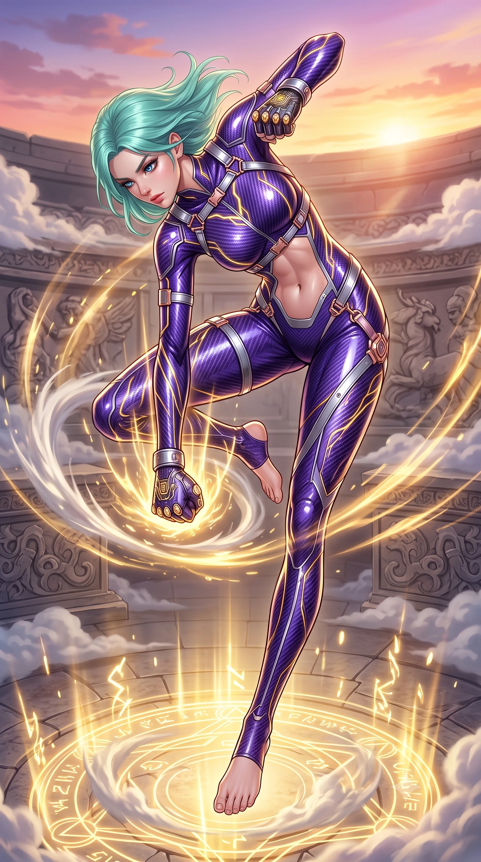 score_9, masterpiece, best quality, ultra-detailed, high-budget anime keyframe, semi-realistic 3D game render, editorial fashion photography, tasteful artistic composition, Japanese woman. low angle full-body shot from head to toe showing her feet, filling the entire 9:16 vertical frame with her statuesque presence, stretching her vertical silhouette. leaping into mid-air with an athletic yet alluring arch of her spine, driving a downward kinetic strike surrounded by a ring of displaced air while arching her spine in a fluid zero-gravity turn as golden energy waves pulse through the Damascus-pattern carbon weave of her suit. The surrounding environment is rendered in vivid detail and crisp panoramic clarity. intricate kinetic palm plate engravings, stone altar reliefs, and cloud vapor crests in high resolution. She has an absolutely perfect, statuesque 8.5-heads proportion, an exceptionally tall and slender model-like female figure with impossibly long slender legs, a toned flat midriff, and an ultra-slim waist. sharp v-shaped jawline, high-bridge nose, intricate jewel-like eyes with depth, thick eyelashes, glossy lips with a natural sheen, flawlessly proportioned anatomical accuracy, strict slender model proportions, natural body alignment, perfectly sculpted long slender limbs, ultra-slim waistline, clean dynamic posture without body distortion. wearing a precision-fitted royal purple carbon-fiber martial arts suit with silver accents and glowing micro-circuit knuckle plating in royal purple carbon fiber with rose-gold hardware and clasps, formed from high-gloss patent carbon-plating with specular chiaroscuro reflections, reinforced by a sleek titanium kinetic harness and glowing micro-energy straps, the sleek second-skin cut tightly hugging her graceful clavicle, narrow waist, and feminine curves with athletic precision. bathed in radiant golden holographic rune uplights and warm sunset horizon fill light. rich saturated anime colors with glowing neon highlights, detailed shading with soft gradients, rich glossy textures, high-contrast stereoscopic depth, volumetric dynamic lighting, master piece, 9:16 ratio