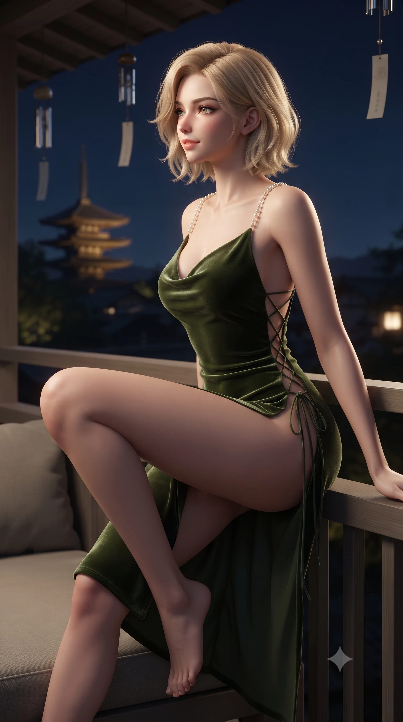 score_9, masterpiece, best quality, ultra-detailed, high-budget anime keyframe, editorial fashion photography, tasteful artistic composition, Caucasian woman. close-up cowboy shot from the waist and thighs up, the character dominates the composition, filling the frame with her large presence. perched sideways on the lounge seat, one knee drawn up to showcase her slender leg line while her arched back accentuates her feminine hip curve while leaning against the minimalist timber balustrade with hips cocked back, looking toward the distant illuminated Yasaka Pagoda with smoldering eyes. The background shows a soft-focus wind-chimes hanging from eaves softened in serene nocturnal panoramic shallow focus. She has an exceptionally elegant, slender, and willowy female figure with an ultra-slim waist, flat toned midriff, narrow ribcage, and sculpted feminine hips creating an alluring, slim hourglass silhouette without bulk. sharp v-shaped jawline, high-bridge nose, sparkling eyes with hypnotic seductive depth, thick curled eyelashes, glossy parted lips with a natural dewy peach sheen, alluring bedroom-eyes with an enchanting coquettish smile, exuding magnetic siren charisma and sophisticated glamour, flawlessly proportioned anatomical accuracy, strict slender model proportions, natural body alignment, perfectly sculpted long slender limbs, ultra-slim waistline, clean dynamic posture without body distortion. wearing a plunging cowl-neck liquid silk satin sarong slip dress with daring hip-high double slits and pearl shoulder straps in Arashiyama moss green and antique bronze, tailored from ultra-plush velvet with rich tactile depth and deep shadow gradients, featuring fine criss-cross lace-up side ties revealing tantalizing glimpses of her hip curve, the precision-cut side openings and low-back scoop framing her graceful spine and the sensual sweep of her slim, toned hips. illuminated by polished cedar reflection bounce and sharp platinum-gold rim lights sculpting her razor-sharp jawline, narrow waist, and curvy hips. ultra-reflective glossy finish, specular highlights, rich textural contrasts, high-contrast stereoscopic depth, volumetric dynamic lighting, 2k, ultra detail, master piece, 9:16 ratio
