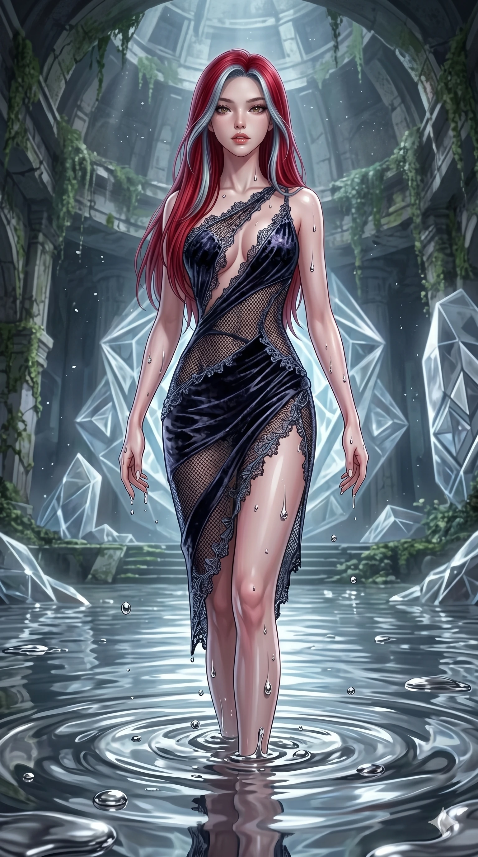 score_9, masterpiece, best quality, ultra-detailed, High-budget Anime Keyframe, East Asian woman. Dynamic full-body shot stretching the vertical silhouette to the limit. Scenario 84: Rising from a pool of mercury-like liquid, droplets rolling off her skin. Her presence is magnetic and overpowering in this high-budget anime scene. Outfit 84: A crushed dark velvet micro-mesh with a low-cut shoulder and delicate lace embroidery. The clothing is designed to emphasize her exceptionally tall and slender 8-heads proportion. 8-heads proportion, towering silhouette, ultra-slim waist. sharp v-shaped jawline, intricate jewel-like eyes with depth, thick eyelashes, glossy lips. 2k, ultra detail, master piece, 9:16 ratio