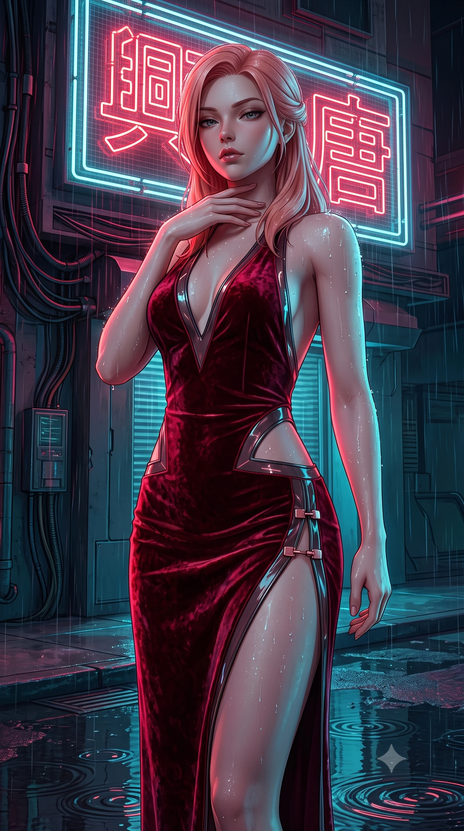 score_9, masterpiece, best quality, ultra-detailed, high-budget anime keyframe, semi-realistic 3D game render, editorial fashion photography, tasteful artistic composition, Japanese woman. close-up cowboy shot from the waist and thighs up, the character dominates the composition, filling the frame with her large presence. resting her fingers lightly against her throat while looking down with a smoldering, haughty yet intensely captivating glance while pivoting dynamically beneath a sputtering neon kanji billboard with rain droplets glistening across her bare shoulders. The surrounding environment is rendered in vivid detail and crisp panoramic clarity. intricate cybernetic conduit wires, neon sign filament lines, and puddle ripples in high resolution. She has an exceptionally elegant, slender, and willowy female figure with an ultra-slim waist, a gracefully sculpted slender torso, toned flat midriff, and a refined slim silhouette. sharp v-shaped jawline, high-bridge nose, intricate jewel-like eyes with depth, thick eyelashes, glossy lips with a natural sheen, flawlessly proportioned anatomical accuracy, strict slender model proportions, natural body alignment, perfectly sculpted long slender limbs, ultra-slim waistline, clean dynamic posture without body distortion. wearing a backless deep blood-crimson crushed velvet gown with a deep plunging V-neckline, strategic hip cutouts, and an ultra-high thigh slit in deep velvet violet and rose-gold metallic clasps, tailored from semi-translucent dark cybernetic vinyl with subtle glowing micro-filaments, finished with an ultra-high side slit secured by miniature magnetic clasps, the form-contouring material adhering flawlessly to her sculpted flat midriff and slender torso, emphasizing her long leg lines and perfectly proportioned willowy build. bathed in vivid high-contrast neon crimson and deep cyan ambient rim lighting. rich saturated anime colors with deep moody shadows, detailed chiaroscuro shading with soft gradients, rich glossy textures, high-contrast stereoscopic depth, volumetric dynamic shadow lighting, master piece, 9:16 ratio